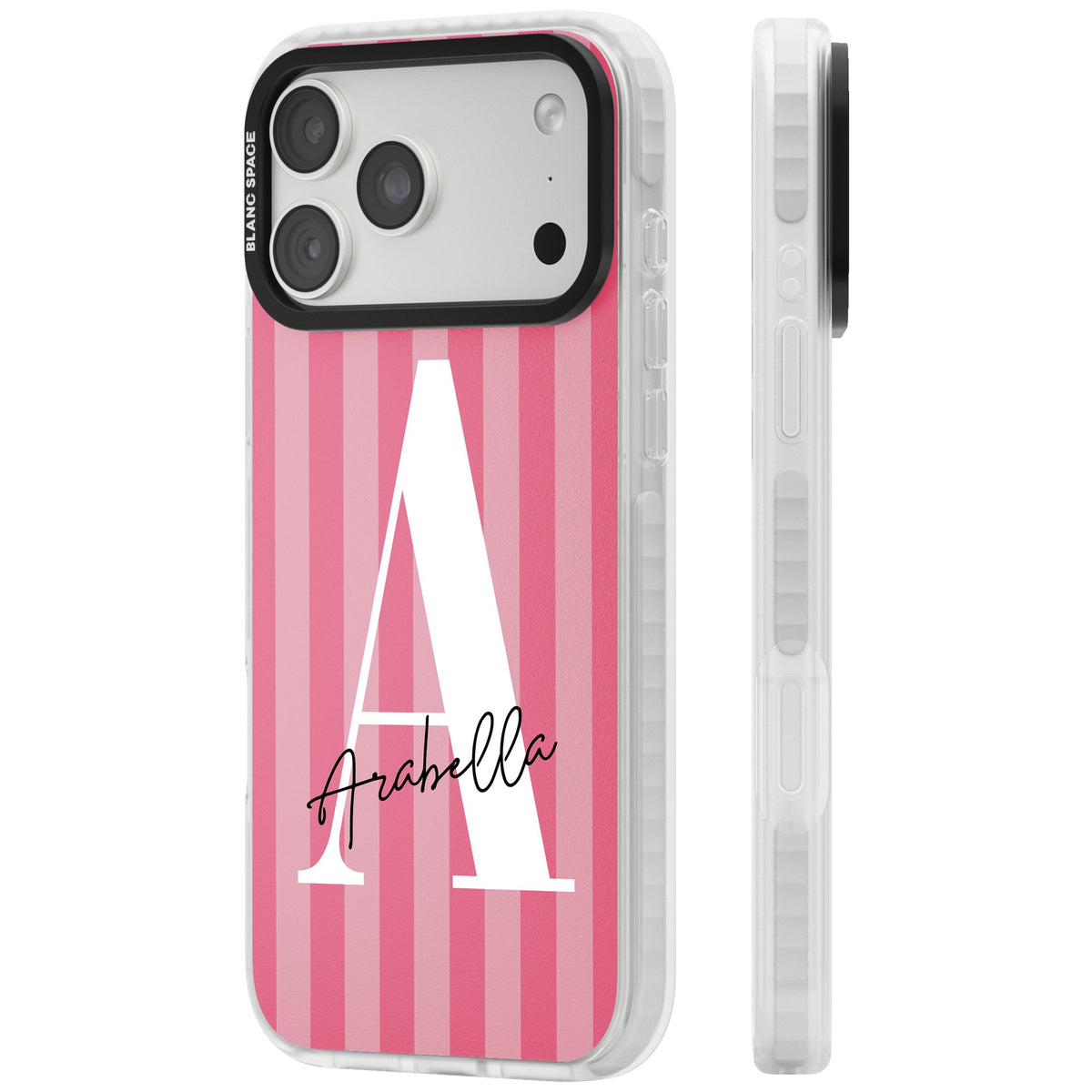 Personalised Pink Stripes iPhone 18 Pro Max Impact Clear Phone Case side