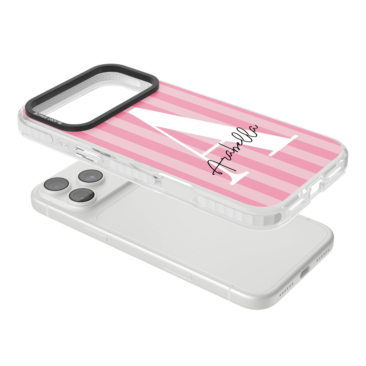 Personalised Pink Stripes iPhone 18 Pro Max Impact Clear Phone Case angled