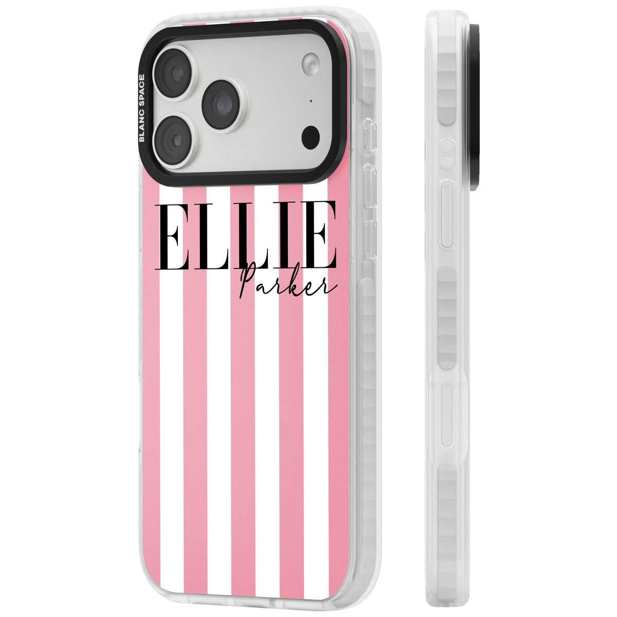 Personalised Pink Stripes iPhone 18 Pro Max Impact Clear Phone Case side