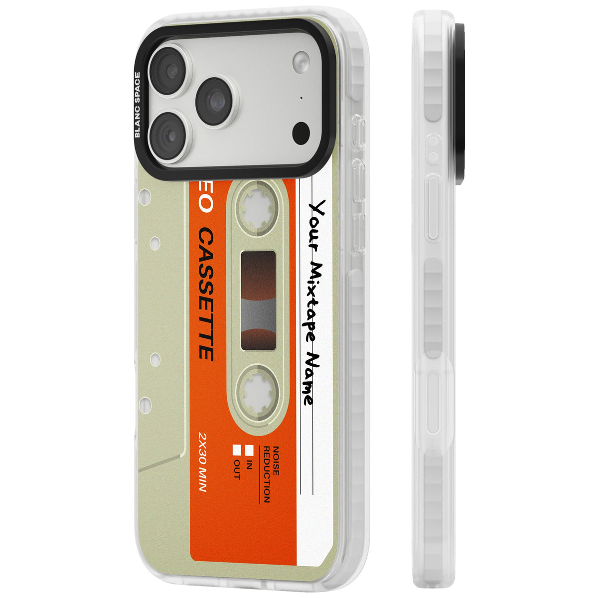 Personalised Retro Cassette Classic iPhone 18 Pro Max Impact Clear Phone Case side