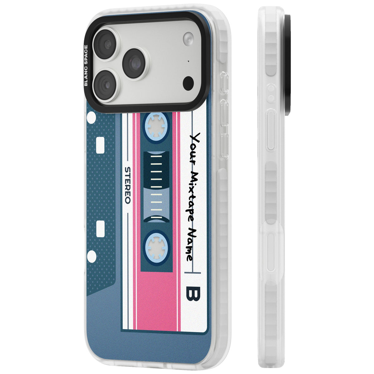Personalised Retro Cassette Mixtape iPhone 18 Pro Max Impact Clear Phone Case side