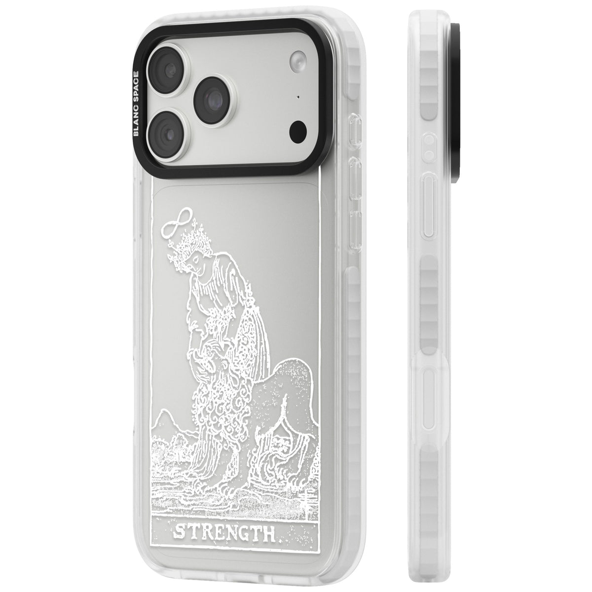 Personalised Strength Tarot Card (White) iPhone 18 Pro Max Impact Clear Phone Case side