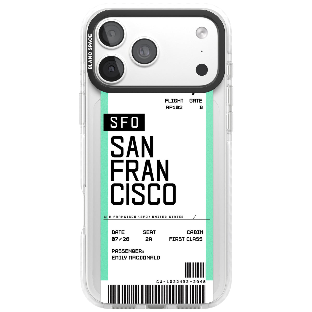 Personalised San Francisco Boarding Pass iPhone 18 Pro Max Impact Clear Phone Case front