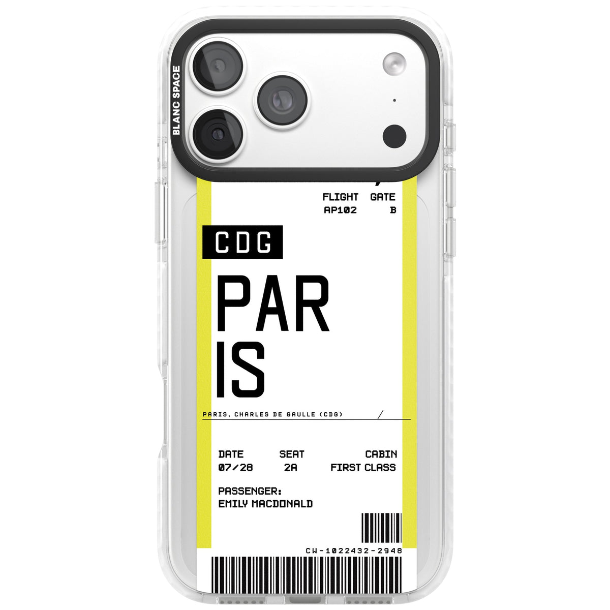 Personalised Paris Boarding Pass iPhone 18 Pro Max Impact Clear Phone Case front