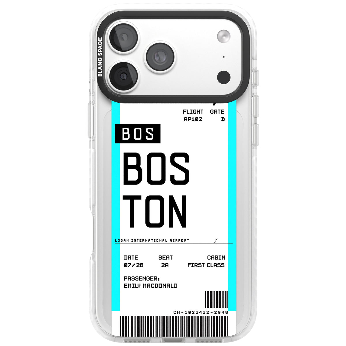 Personalised Boston Boarding Pass iPhone 18 Pro Max Impact Clear Phone Case front