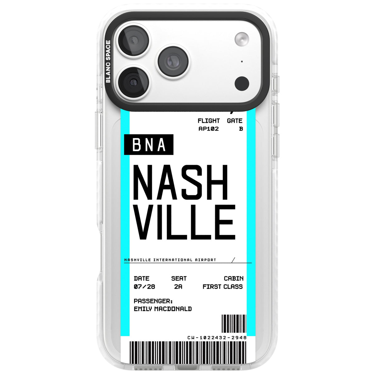 Personalised Nashville Boarding Pass iPhone 18 Pro Max Impact Clear Phone Case front