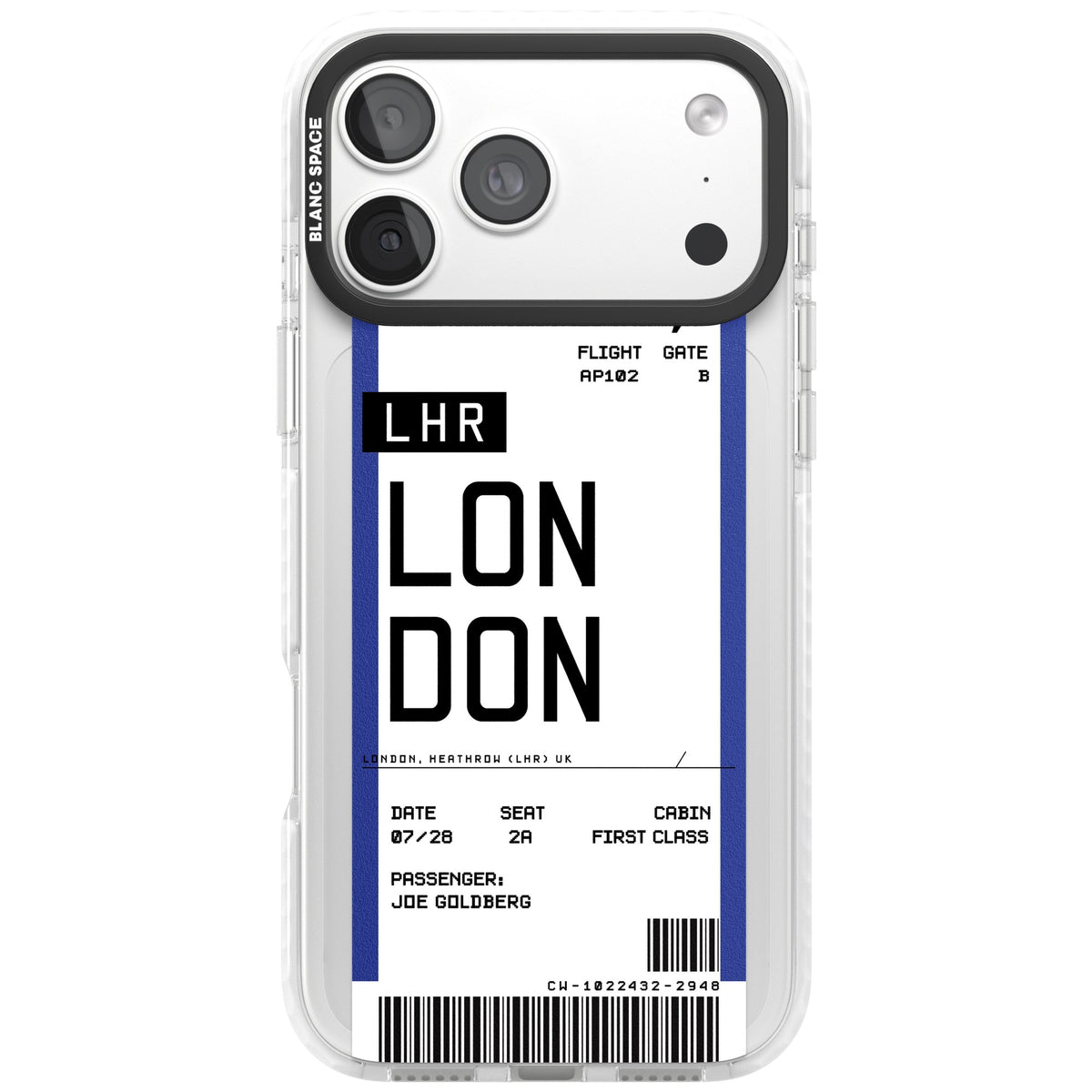 Personalised London Boarding Pass iPhone 18 Pro Max Impact Clear Phone Case front