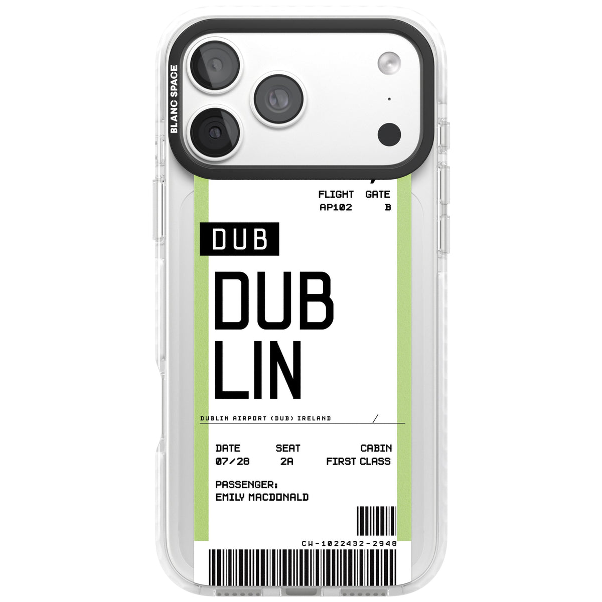 Personalised Dublin Boarding Pass iPhone 18 Pro Max Impact Clear Phone Case front