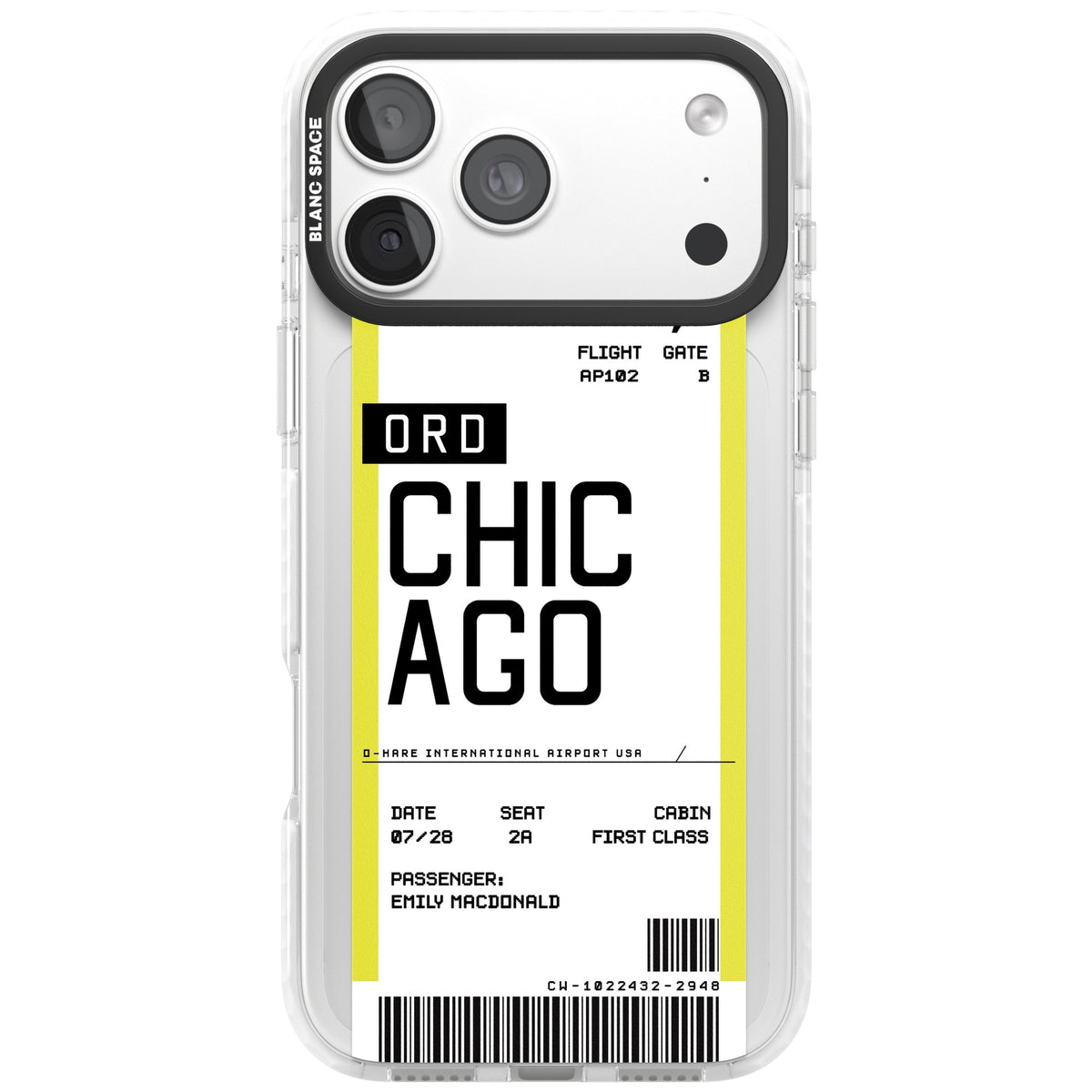 Personalised Chicago Boarding Pass iPhone 18 Pro Max Impact Clear Phone Case front