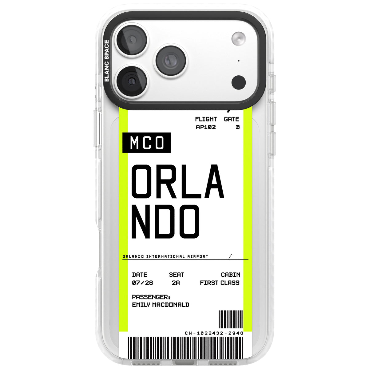 Personalised Orlando Boarding Pass iPhone 18 Pro Max Impact Clear Phone Case front