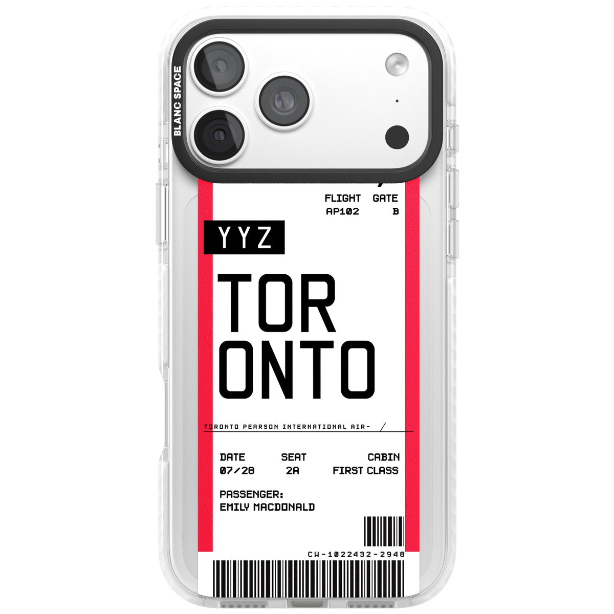 Personalised Toronto Boarding Pass iPhone 18 Pro Max Impact Clear Phone Case front