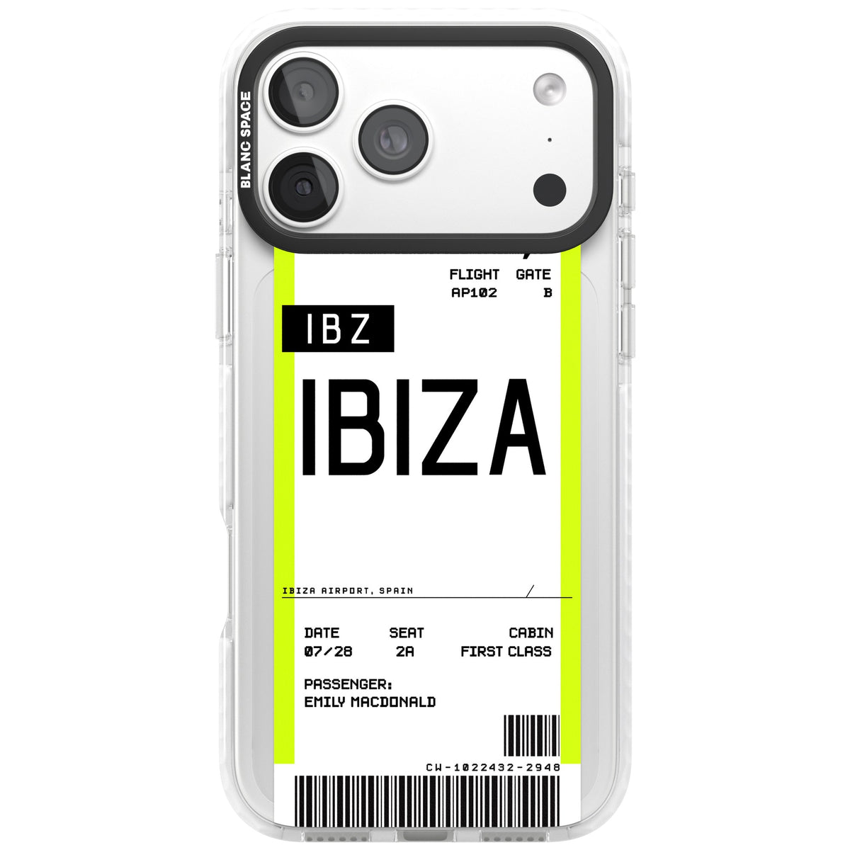 Personalised Ibiza Boarding Pass iPhone 18 Pro Max Impact Clear Phone Case front