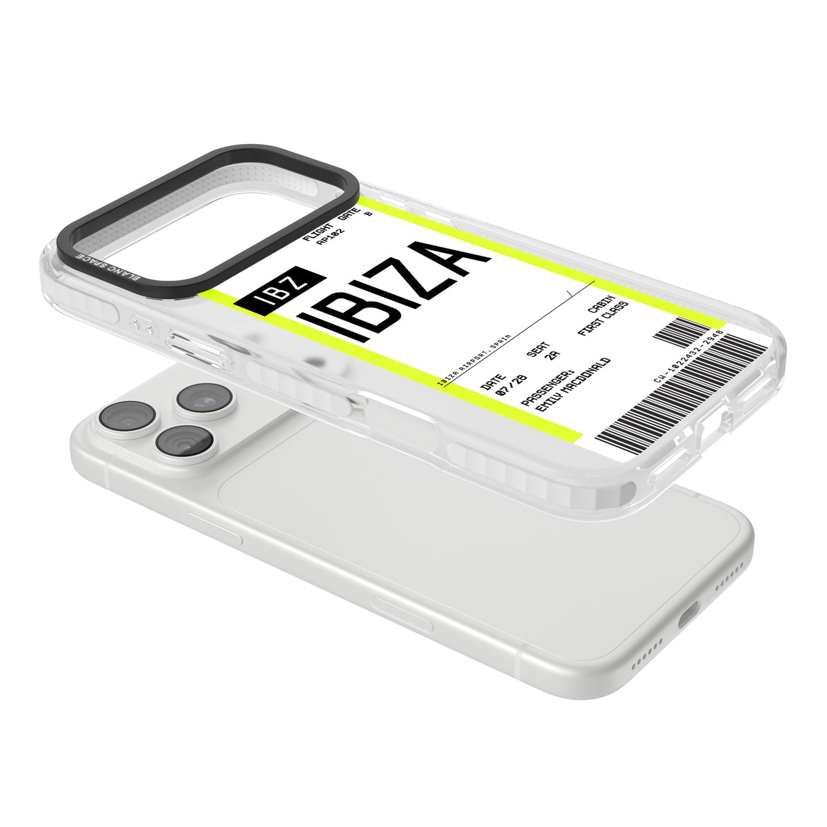 Personalised Ibiza Boarding Pass iPhone 18 Pro Max Impact Clear Phone Case angled