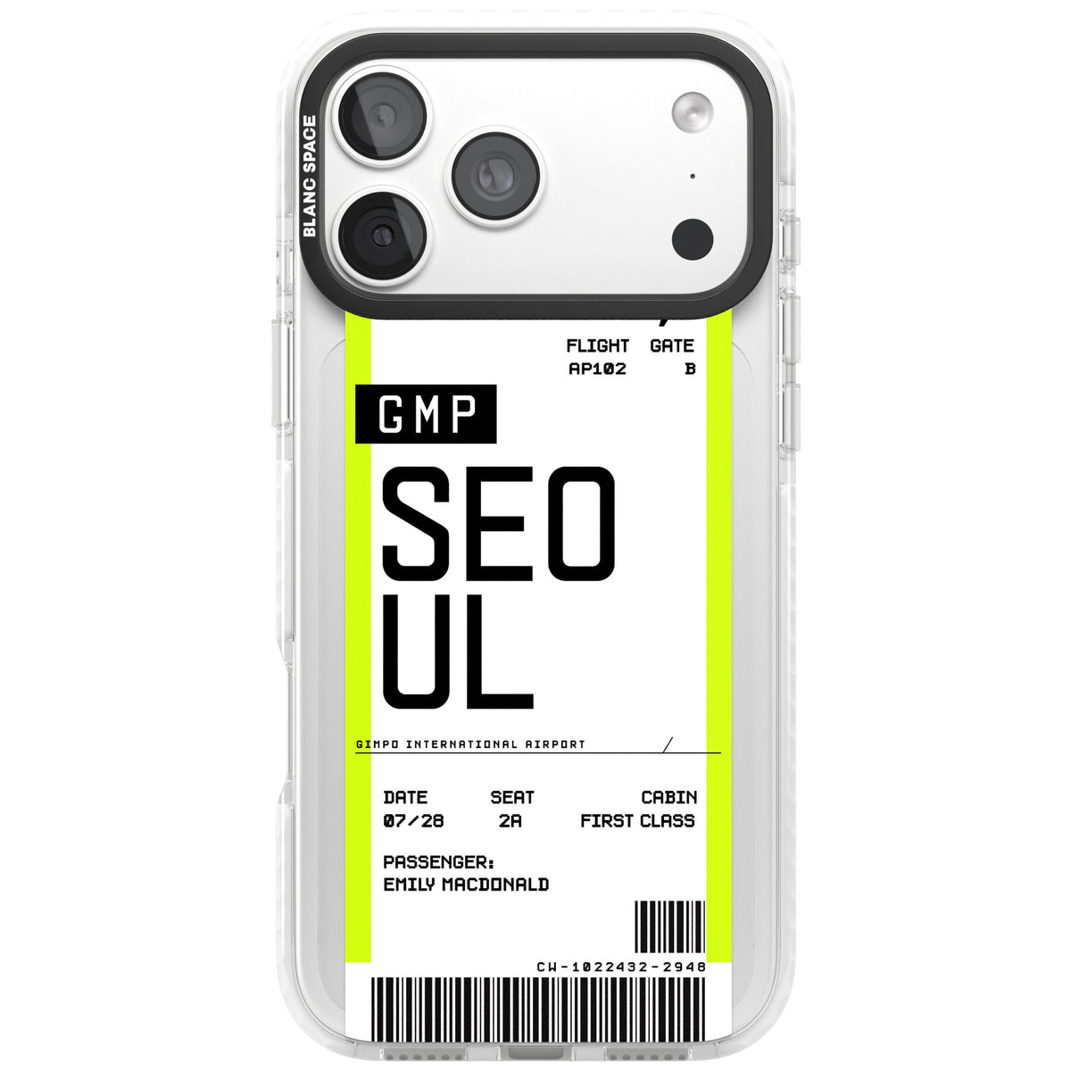 Personalised Seoul Boarding Pass iPhone 18 Pro Max Impact Clear Phone Case front