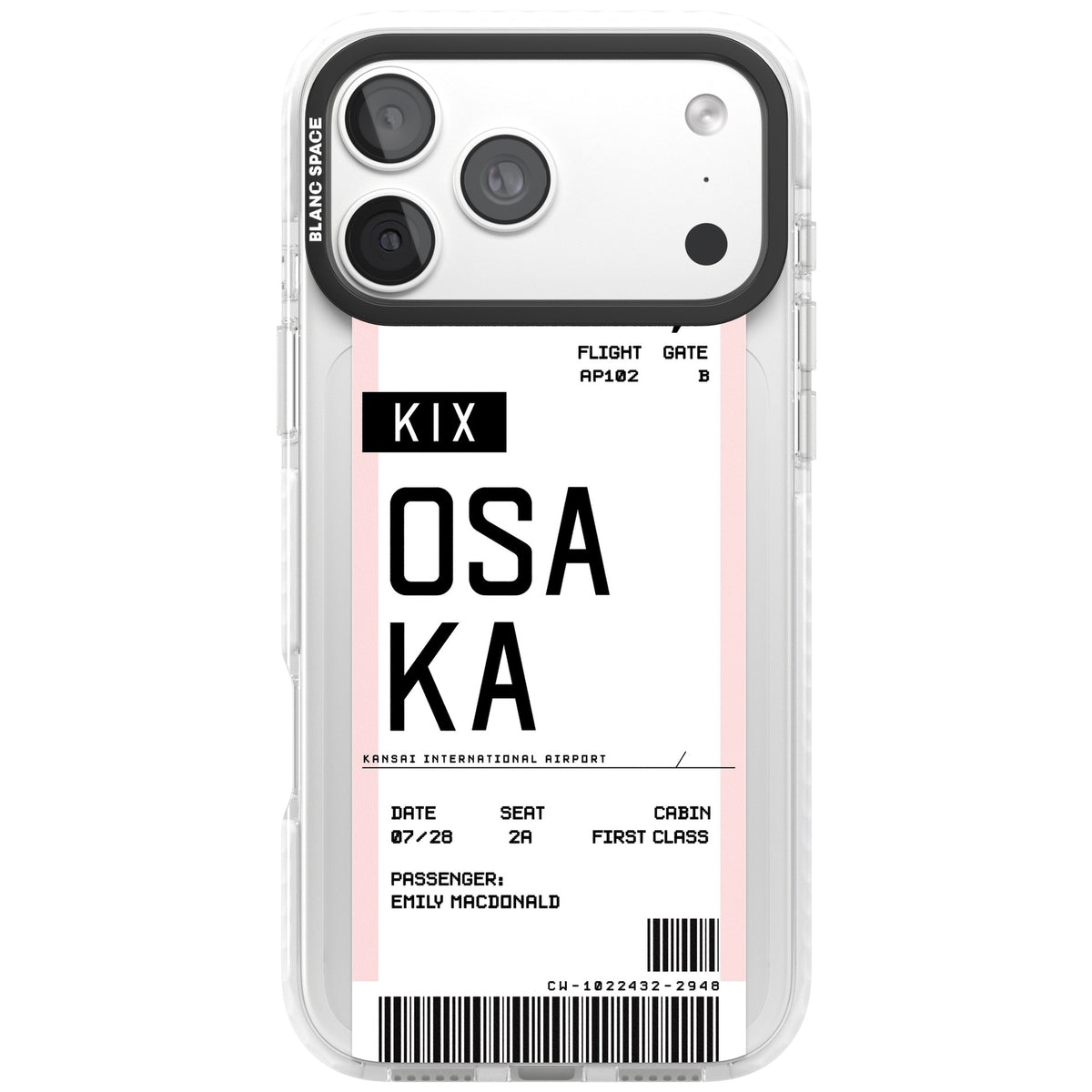 Personalised Osaka Boarding Pass iPhone 18 Pro Max Impact Clear Phone Case front