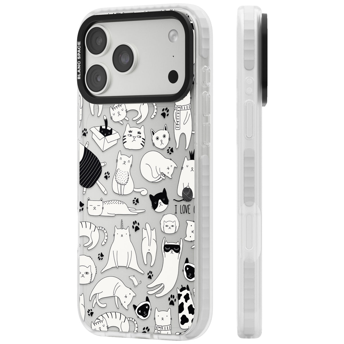 Cartoon Cats (Black & White) iPhone 18 Pro Max Impact Clear Phone Case side