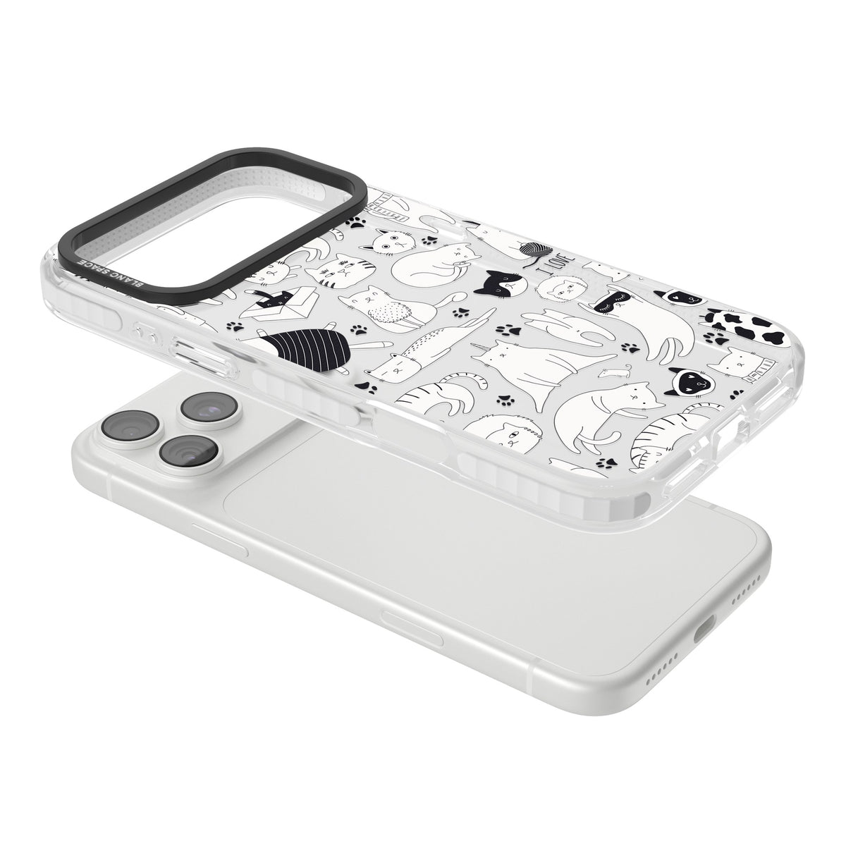 Cartoon Cats (Black & White) iPhone 18 Pro Max Impact Clear Phone Case angled