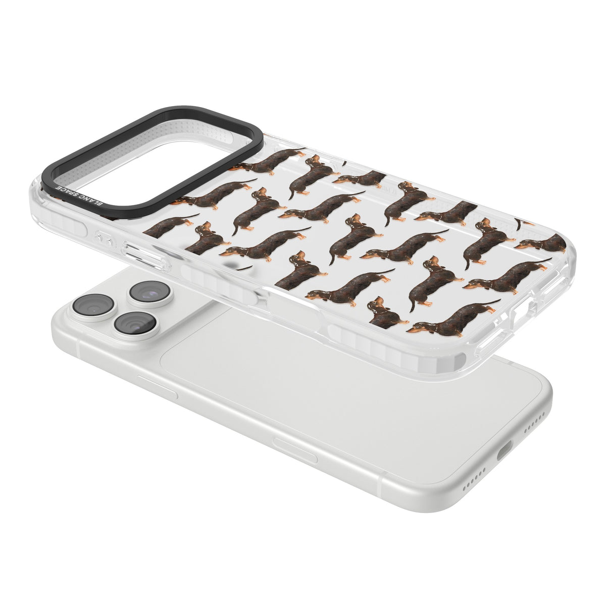 Dachshund Pattern Black Tan iPhone 18 Pro Max Impact Clear Phone Case angled
