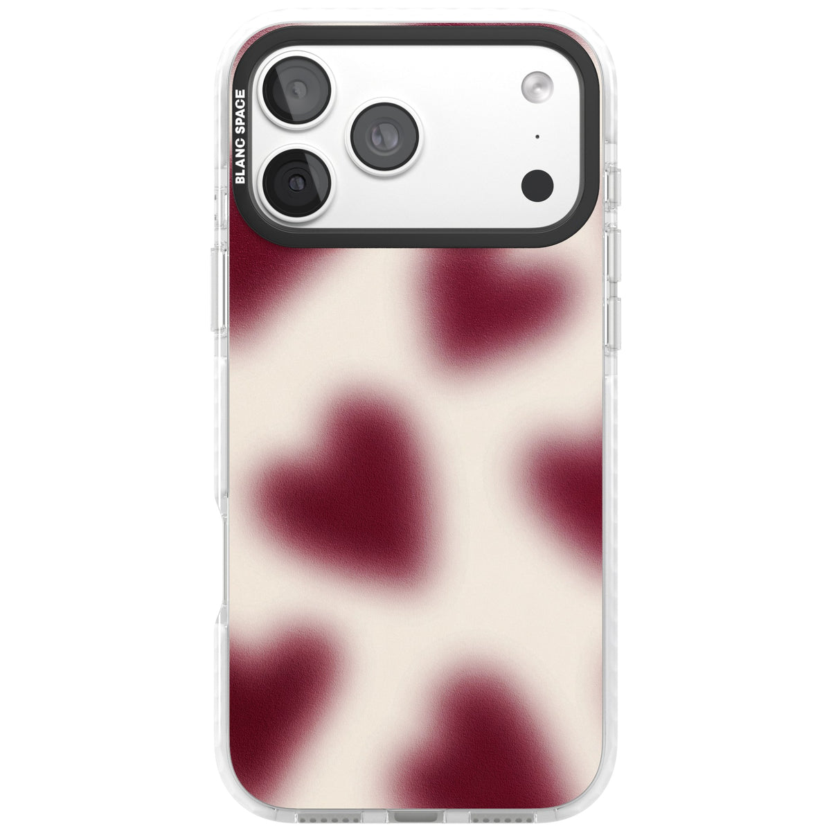 Velvet Hearts coquette iPhone case featuring blurry burgundy aura hearts on a soft cream background iPhone 18 Pro Max Impact Clear Phone Case front