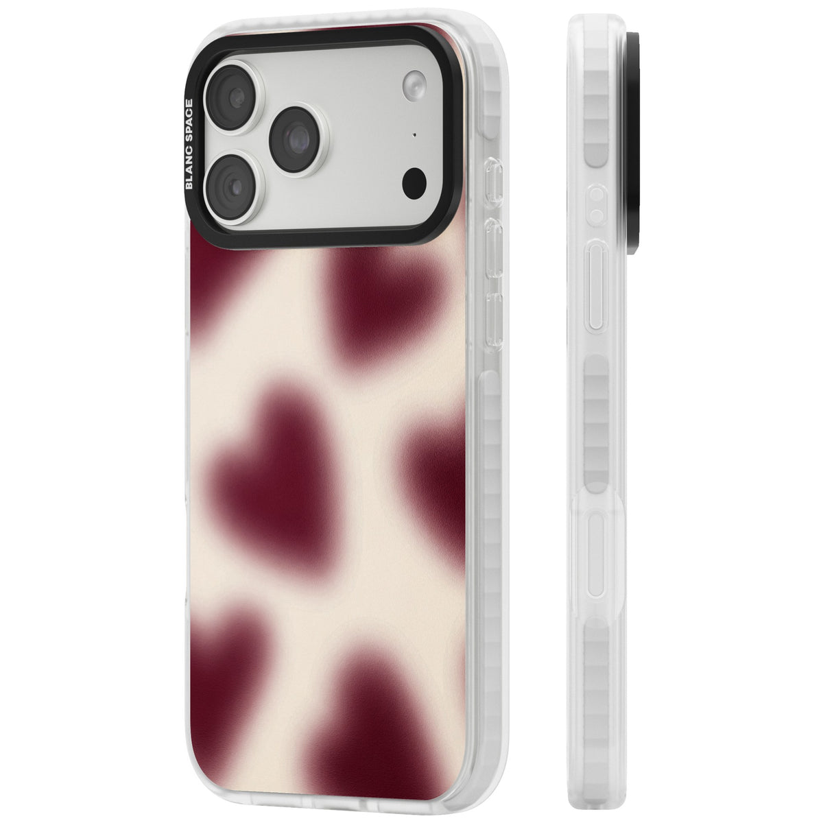 Velvet Hearts coquette iPhone case featuring blurry burgundy aura hearts on a soft cream background iPhone 18 Pro Max Impact Clear Phone Case side