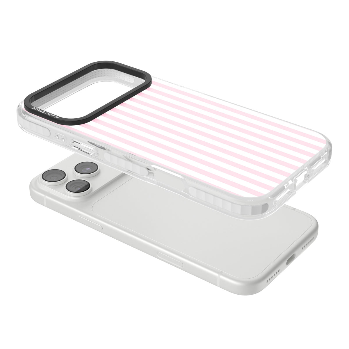 Pink Stripe preppy iPhone case featuring soft pastel pink and white vertical candy stripes iPhone 18 Pro Max Impact Pro Clear Phone Case angled