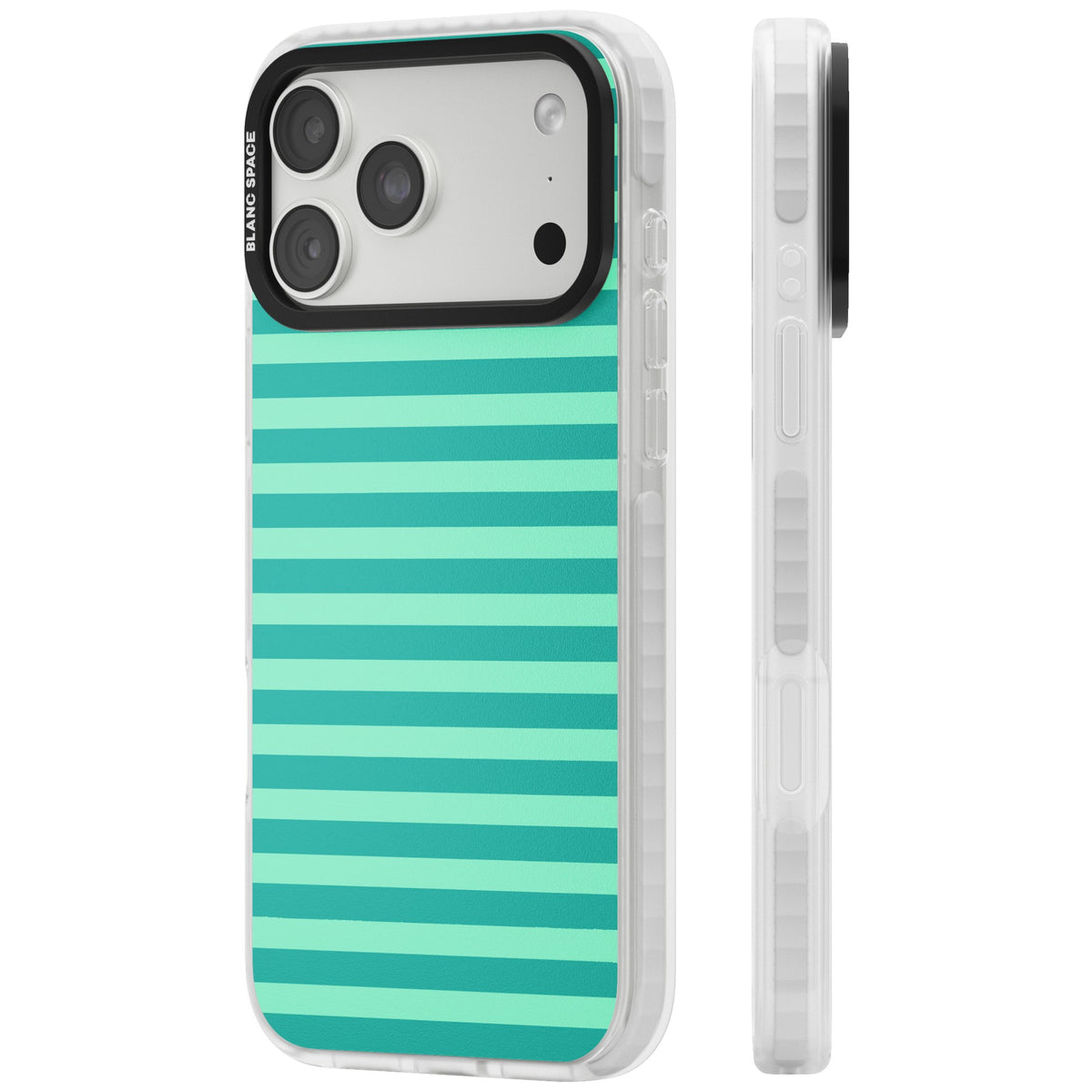 Turquoise Stripe preppy iPhone case featuring horizontal teal and mint green stripes on a black protective frame iPhone 18 Pro Max Impact Pro Clear Phone Case side
