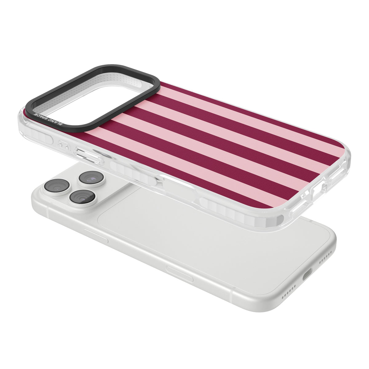 Bordeaux Belle preppy iPhone case featuring bold vertical stripes in burgundy and soft blush pink iPhone 18 Pro Max Impact Pro Clear Phone Case angled