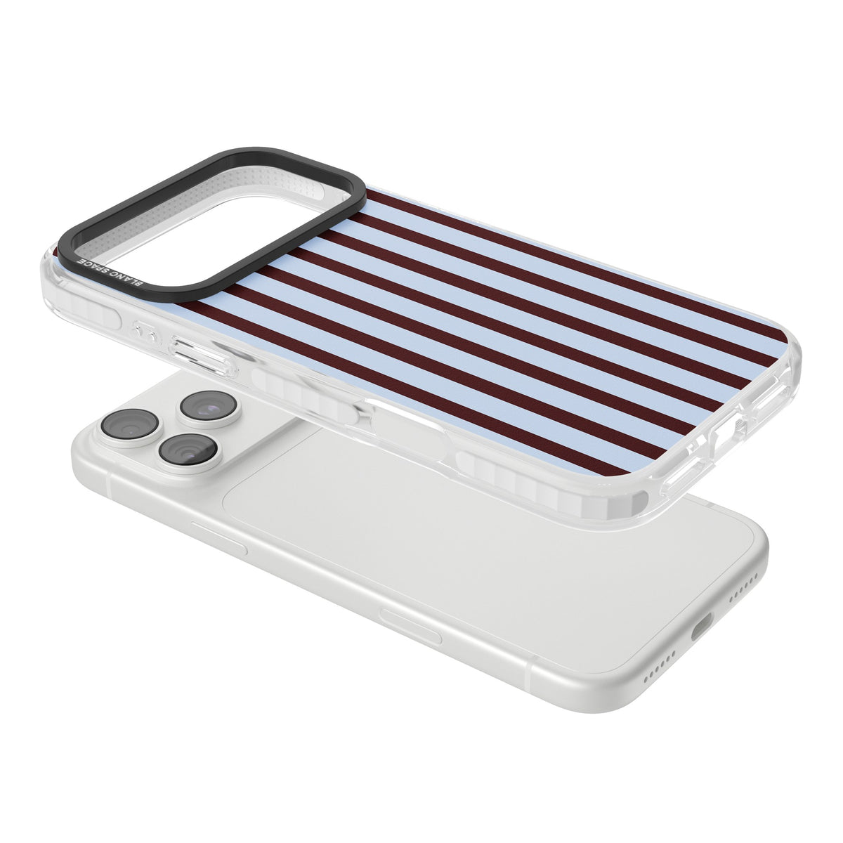Blackcurrant Stripe preppy iPhone case featuring vertical burgundy and light blue stripes in a classic pinstripe layout iPhone 18 Pro Max Impact Pro Clear Phone Case angled