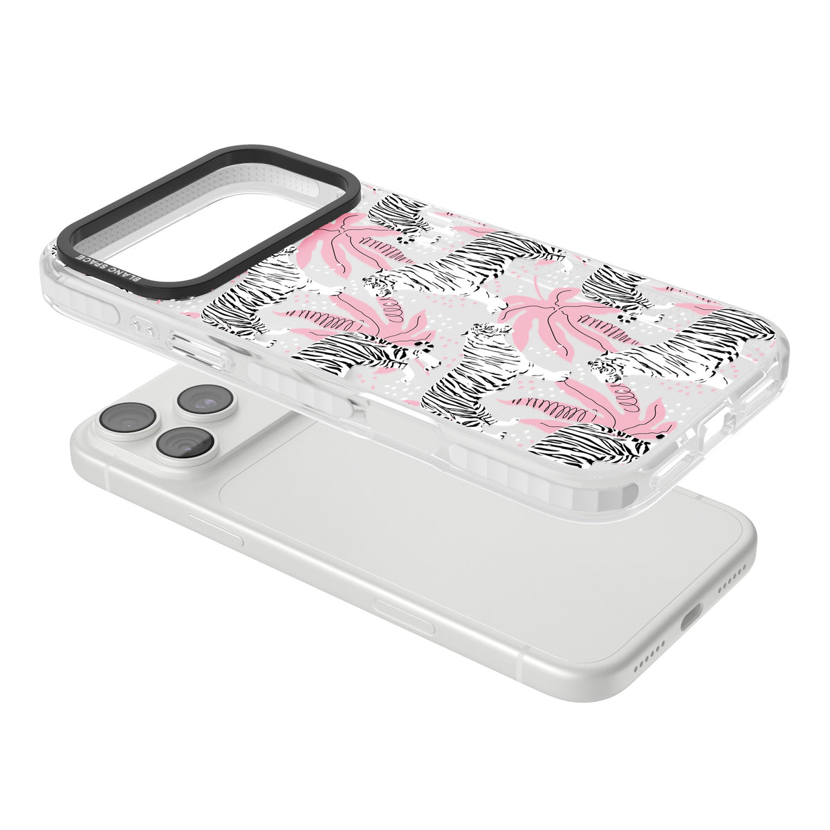 Pink & White Tropical Tigers iPhone 18 Pro Max Impact Clear Phone Case angled