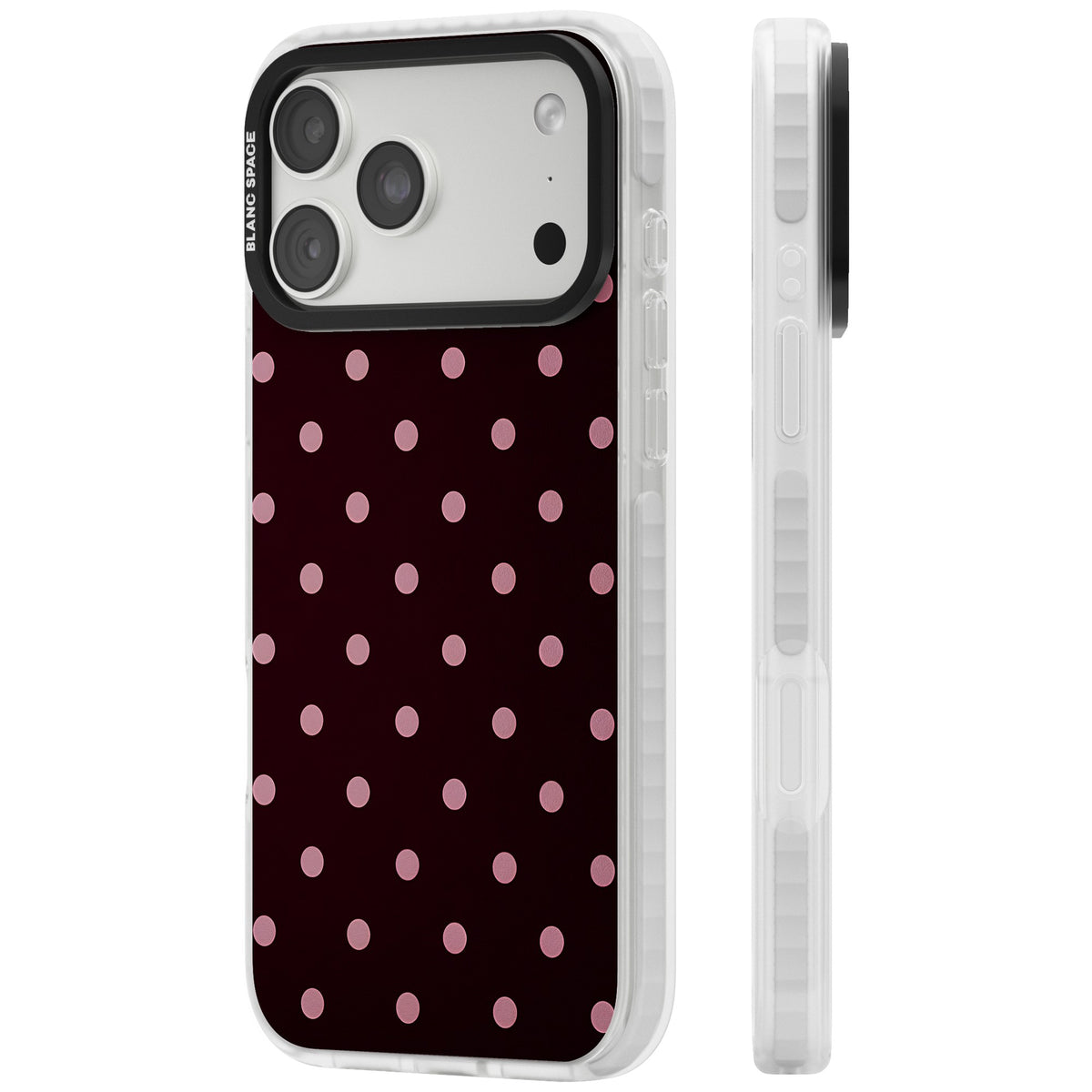 Merlot Dots polka dot iPhone case featuring dusty pink spots on a deep burgundy background in a retro grid iPhone 18 Pro Max Impact Clear Phone Case side