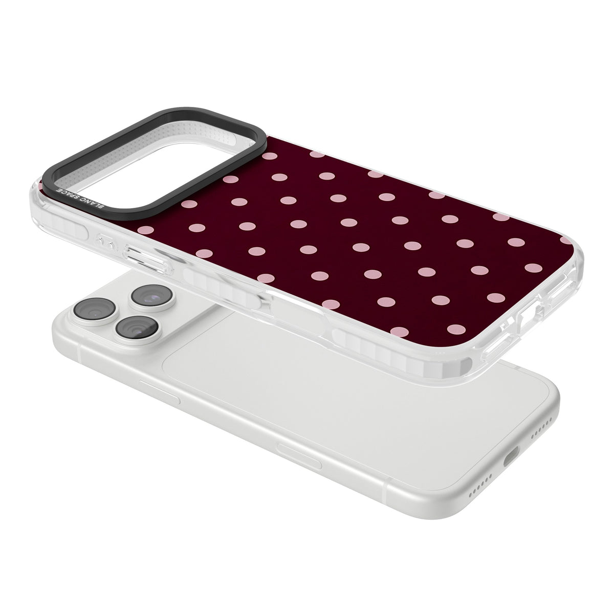 Merlot Dots polka dot iPhone case featuring dusty pink spots on a deep burgundy background in a retro grid iPhone 18 Pro Max Impact Clear Phone Case angled