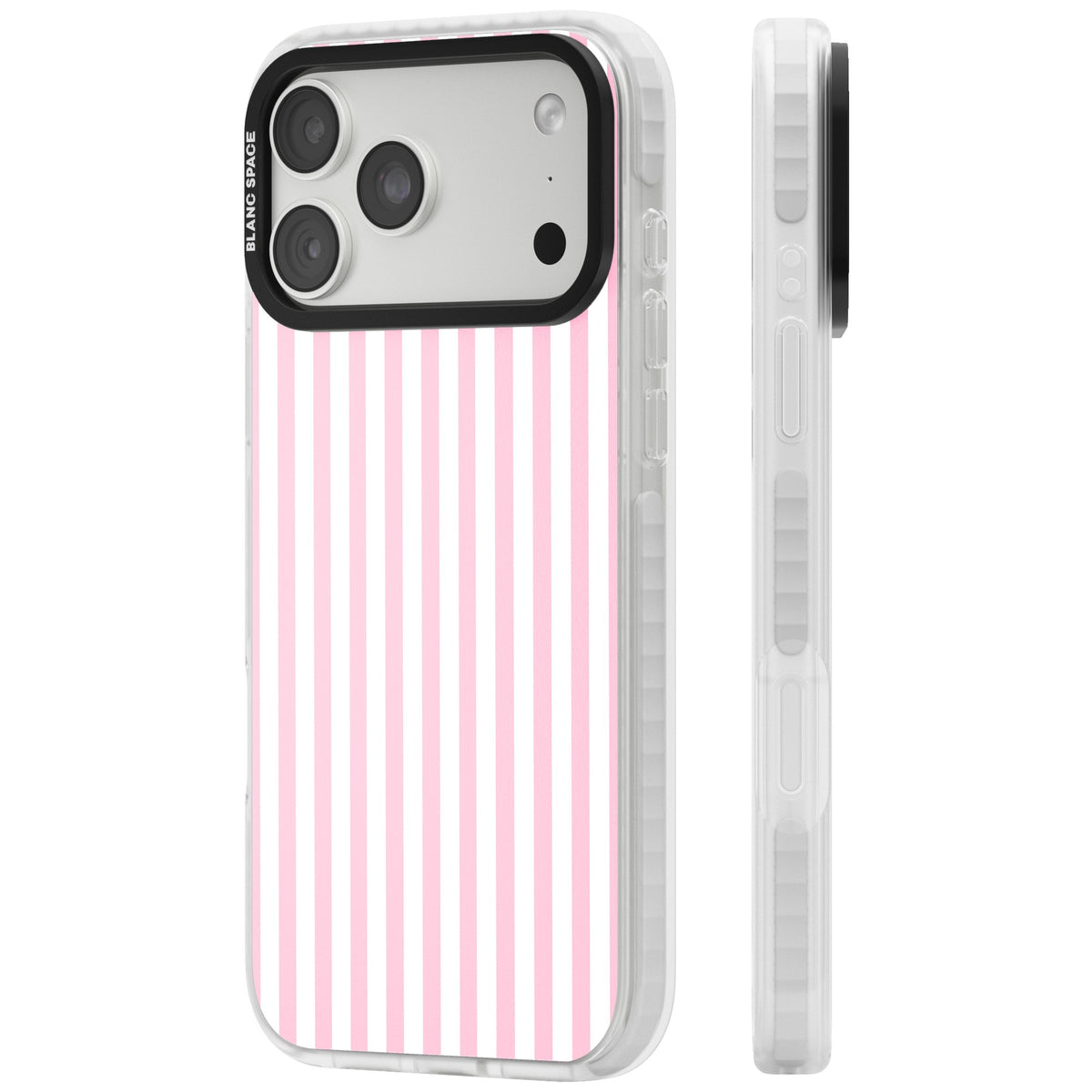 Pink Stripe preppy iPhone case featuring soft pastel pink and white vertical candy stripes iPhone 18 Pro Max Impact Clear Phone Case side