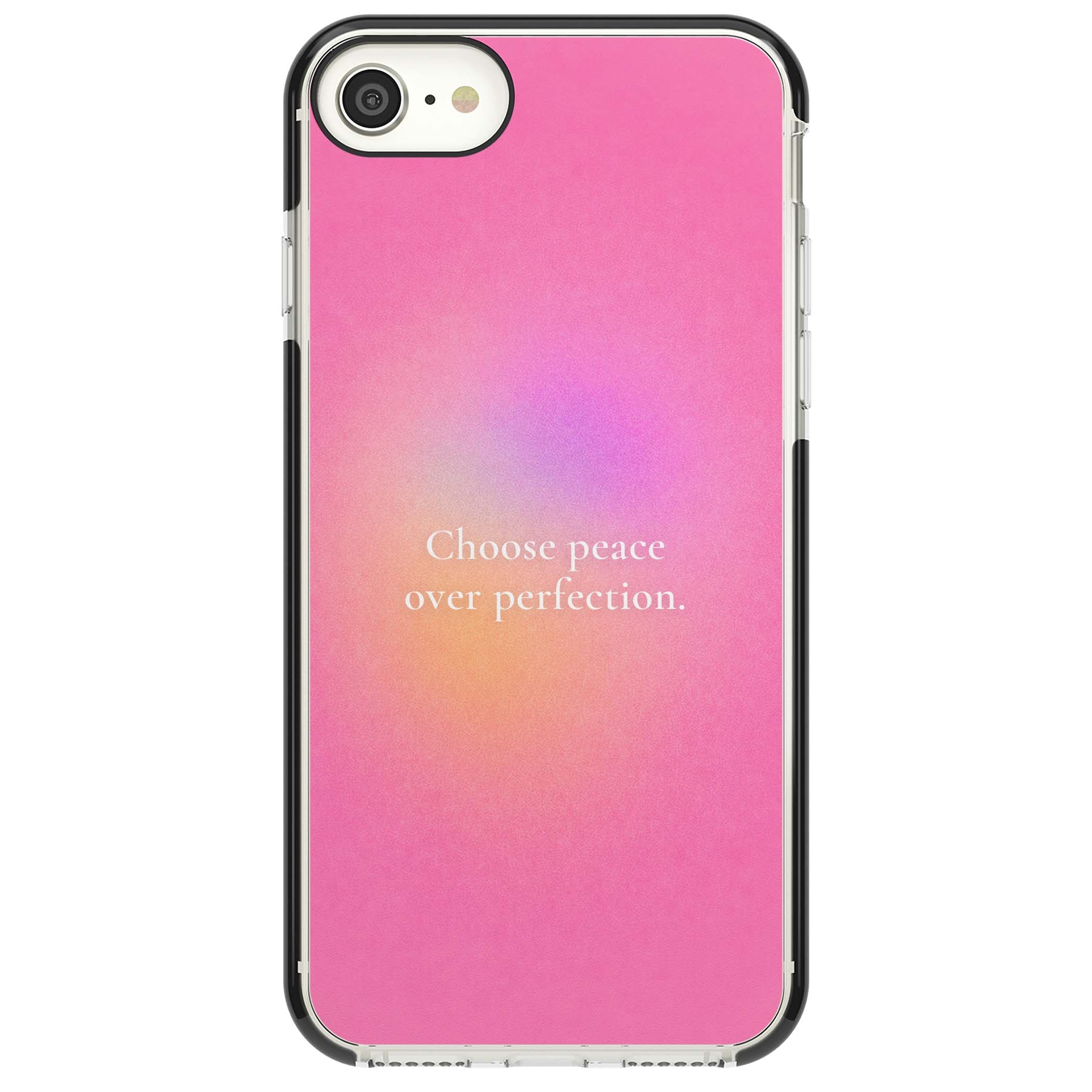 Peace Over Perfection quote iPhone case featuring a dreamy pink aura gradient and delicate white affirmation text | Black Impact case for iPhone SE