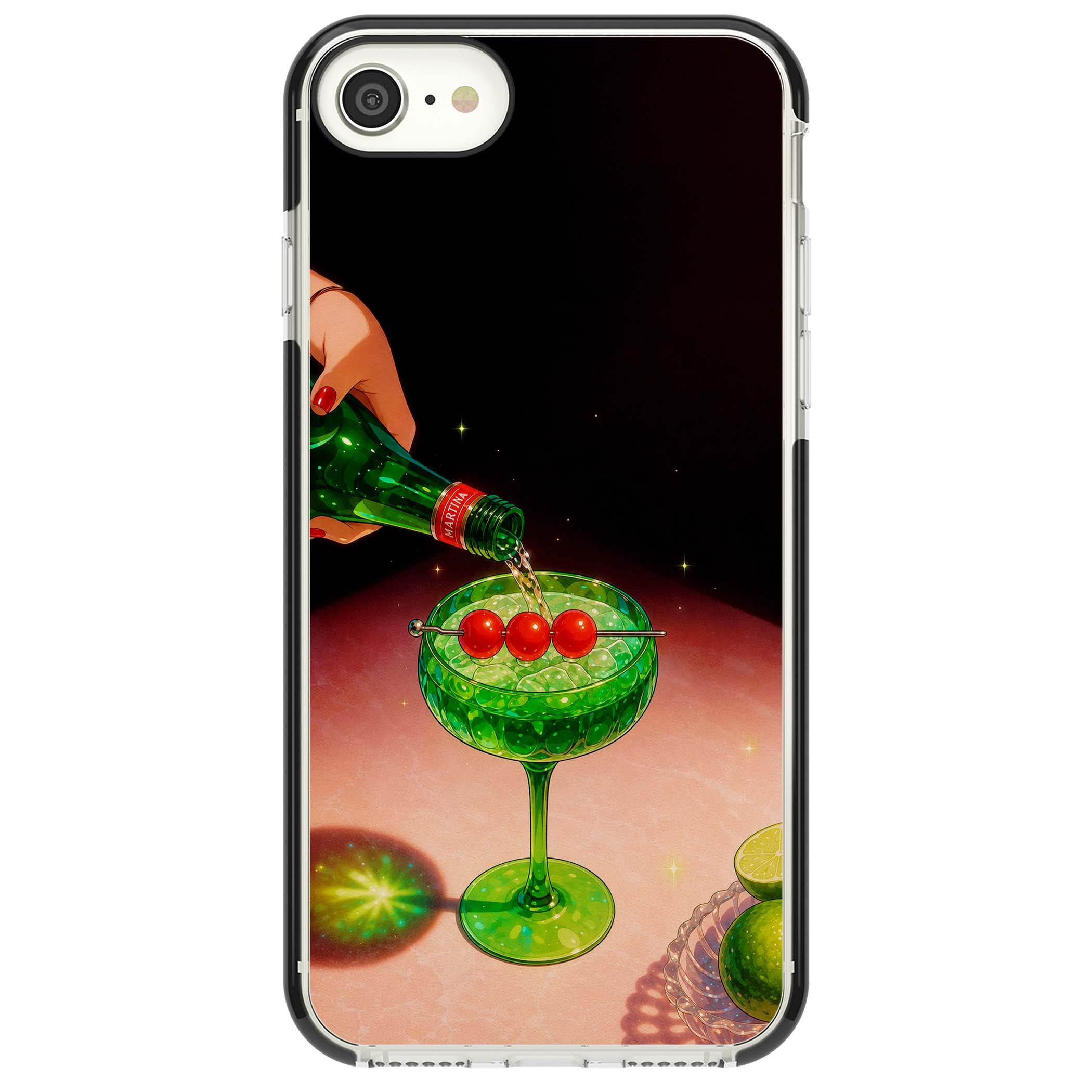 Absinthe Hour cocktail iPhone case featuring a green coupe glass, cherry garnish and vintage bottle pour illustration | Black Impact case for iPhone SE