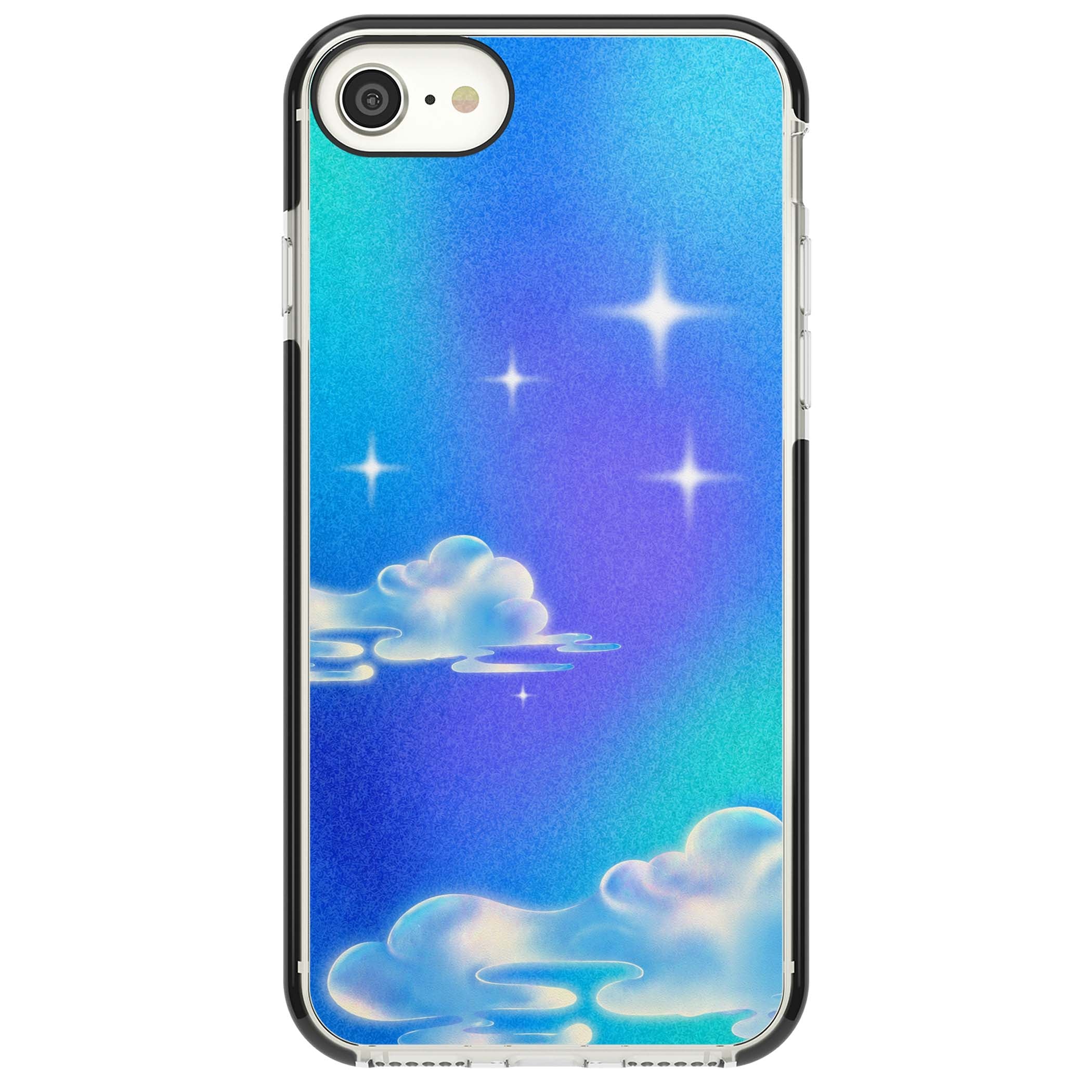 Aurora celestial iPhone case featuring dreamy iridescent clouds, sparkling stars and pastel blue purple sky | Black Impact case for iPhone SE
