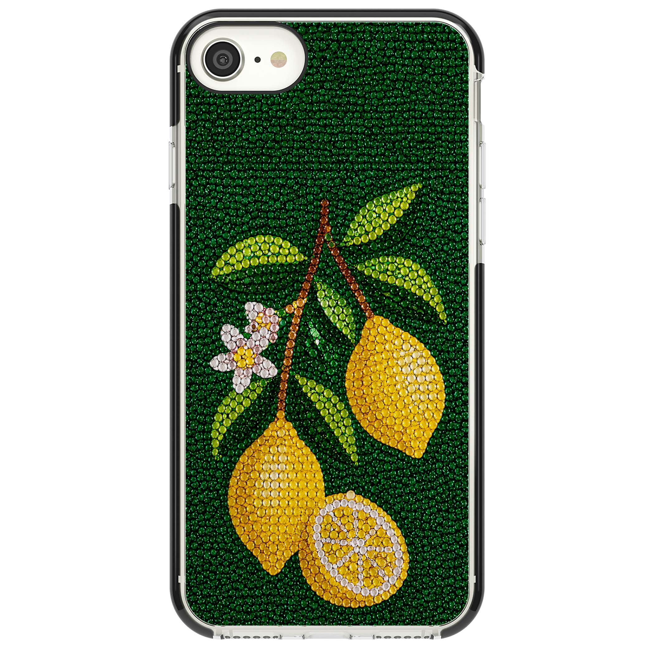 Beaded Lemons coastal iPhone case featuring crystal-beaded lemons, citrus blossom and green leaves on emerald ground | Black Impact case for iPhone SE
