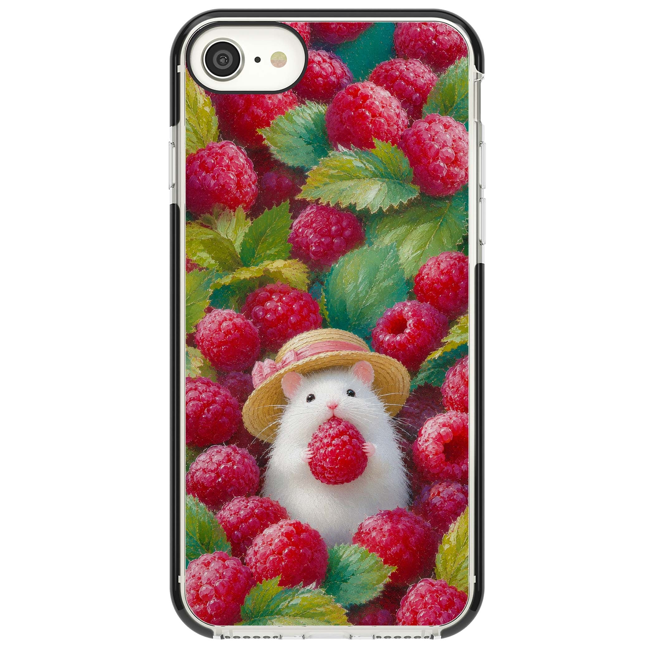 Berry Forager cottagecore iPhone case featuring a white hamster in a straw hat holding a raspberry surrounded by ripe ber | Black Impact case for iPhone SE