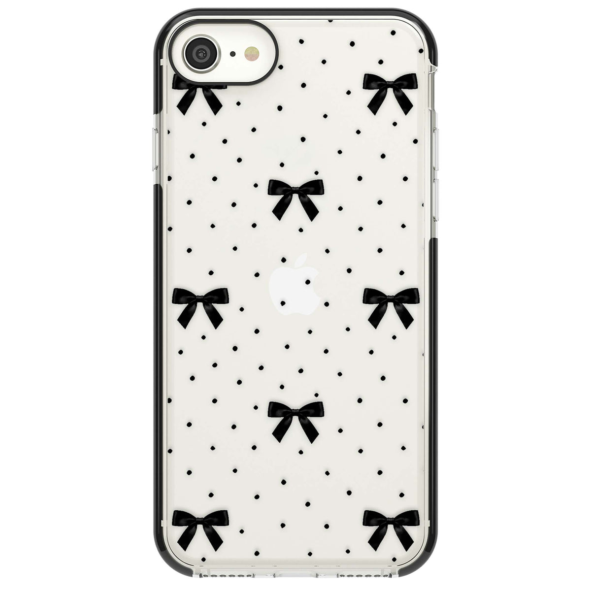 Black Polka Bows coquette iPhone case featuring scattered black satin bows and tiny polka dots on a clear base | Black Impact case for iPhone SE