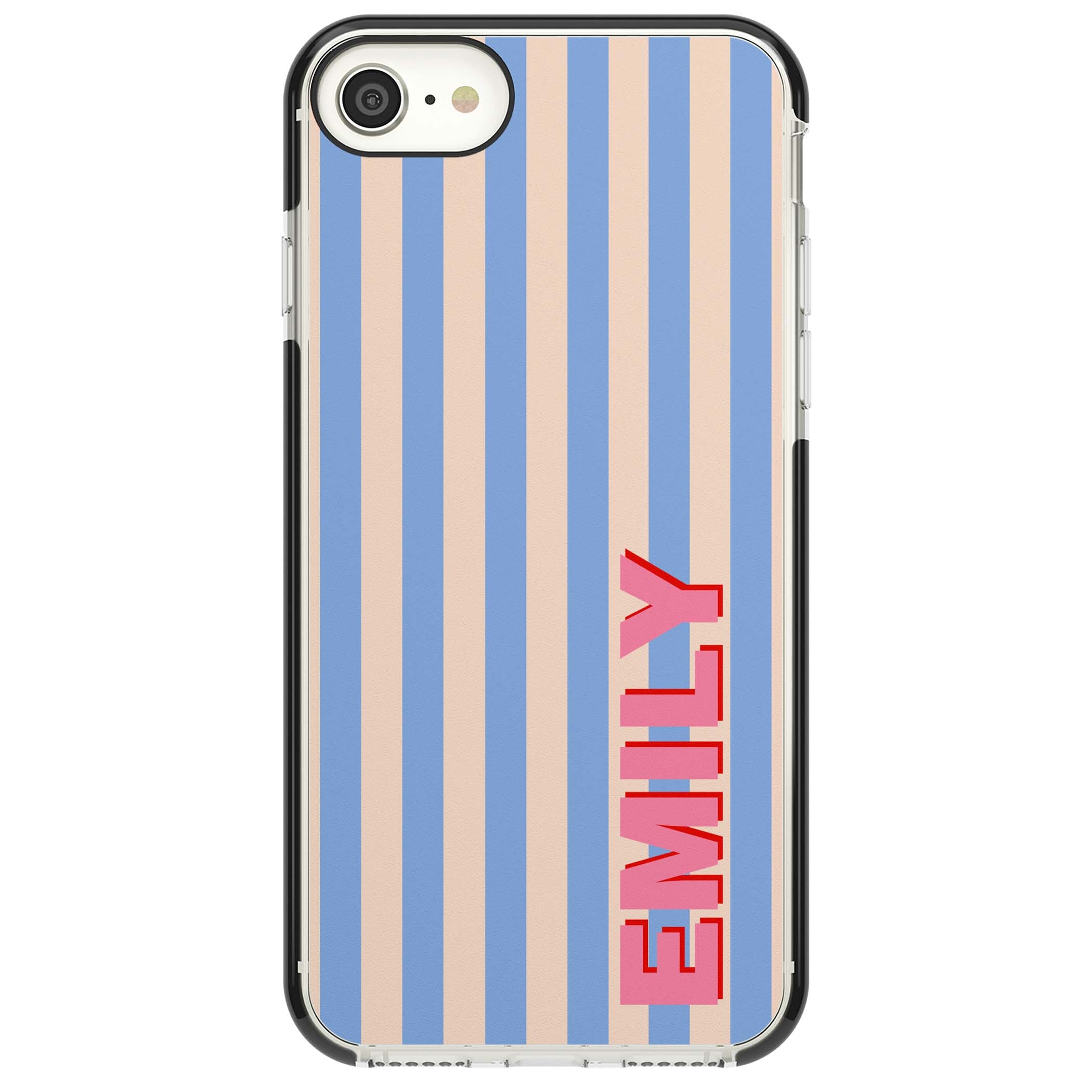 Coastal Stripe personalised coastal iPhone case with blue and peach vertical stripes and custom pink name | Black Impact case for iPhone SE