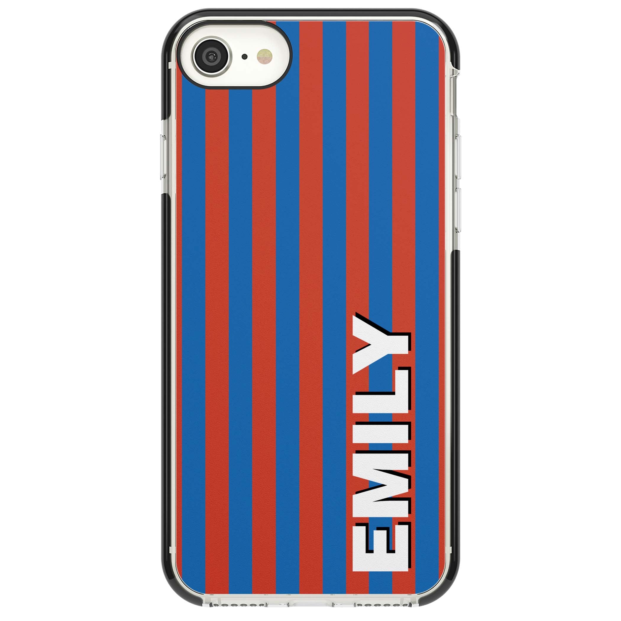 Cuban Stripe personalised iPhone case featuring red and blue vertical stripes with custom name in bold white letters | Black Impact case for iPhone SE
