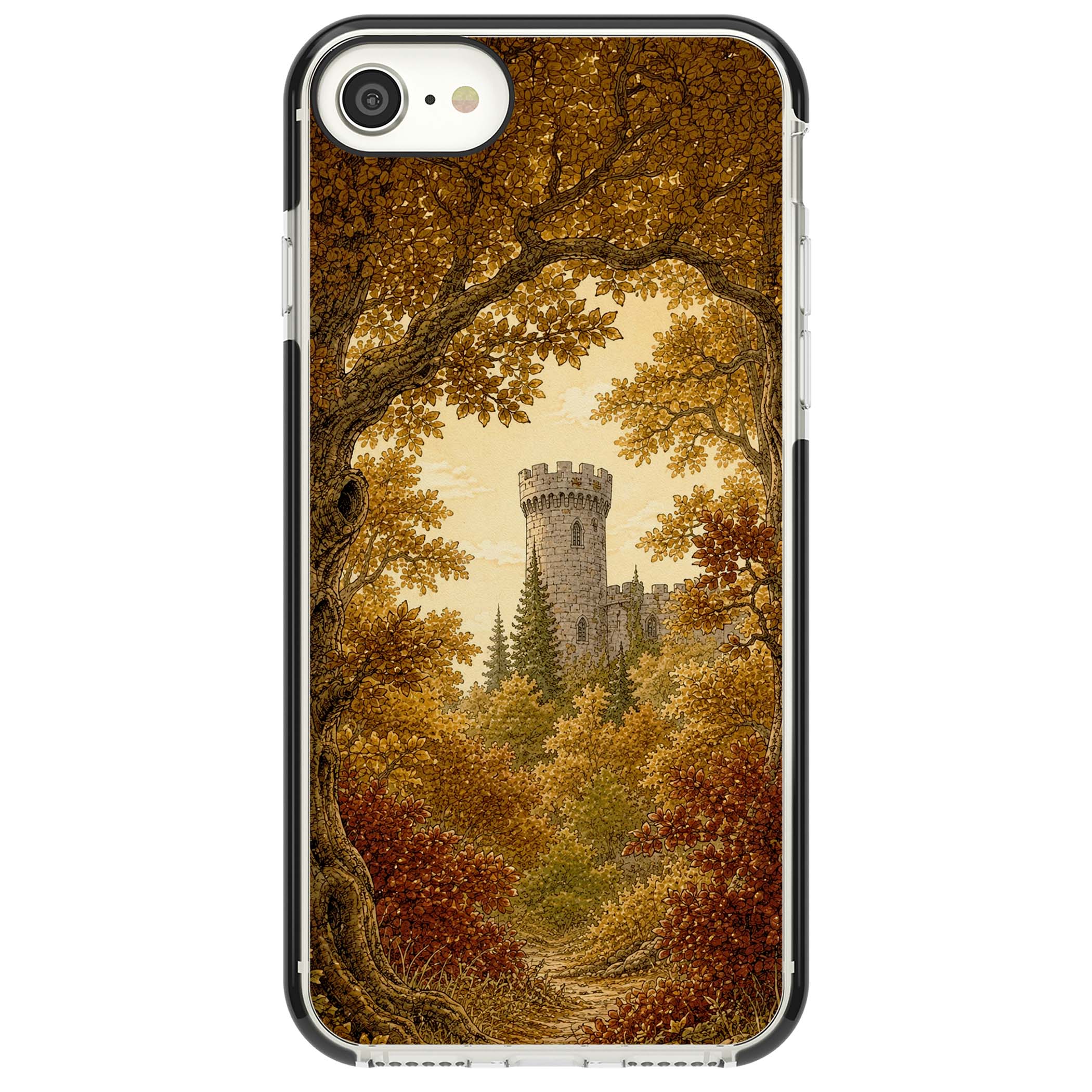 Autumn Keep cottagecore iPhone case featuring a medieval castle tower framed by golden autumn trees and woodland foliage | Black Impact case for iPhone SE
