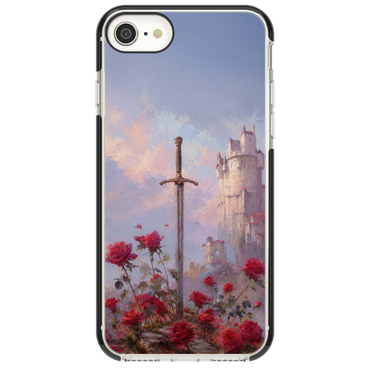 Sword in Roses medieval art iPhone case featuring a sword, red roses, and a misty fairytale castle at sunset | Black Impact case for iPhone SE