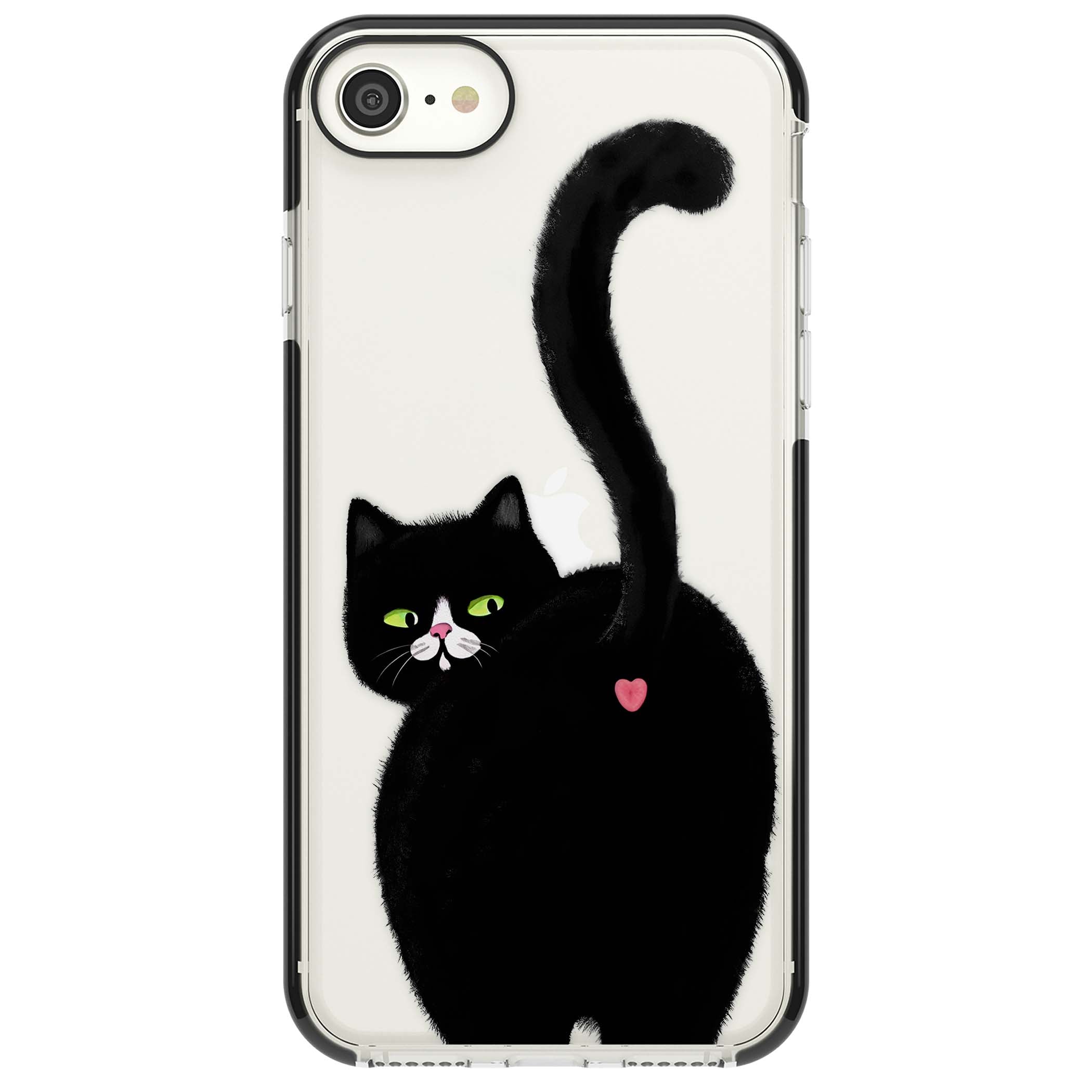 The Cat's Kiss cute cat iPhone case featuring a hand-painted tuxedo kitty with green eyes and a pink heart on a clear  | Black Impact case for iPhone SE