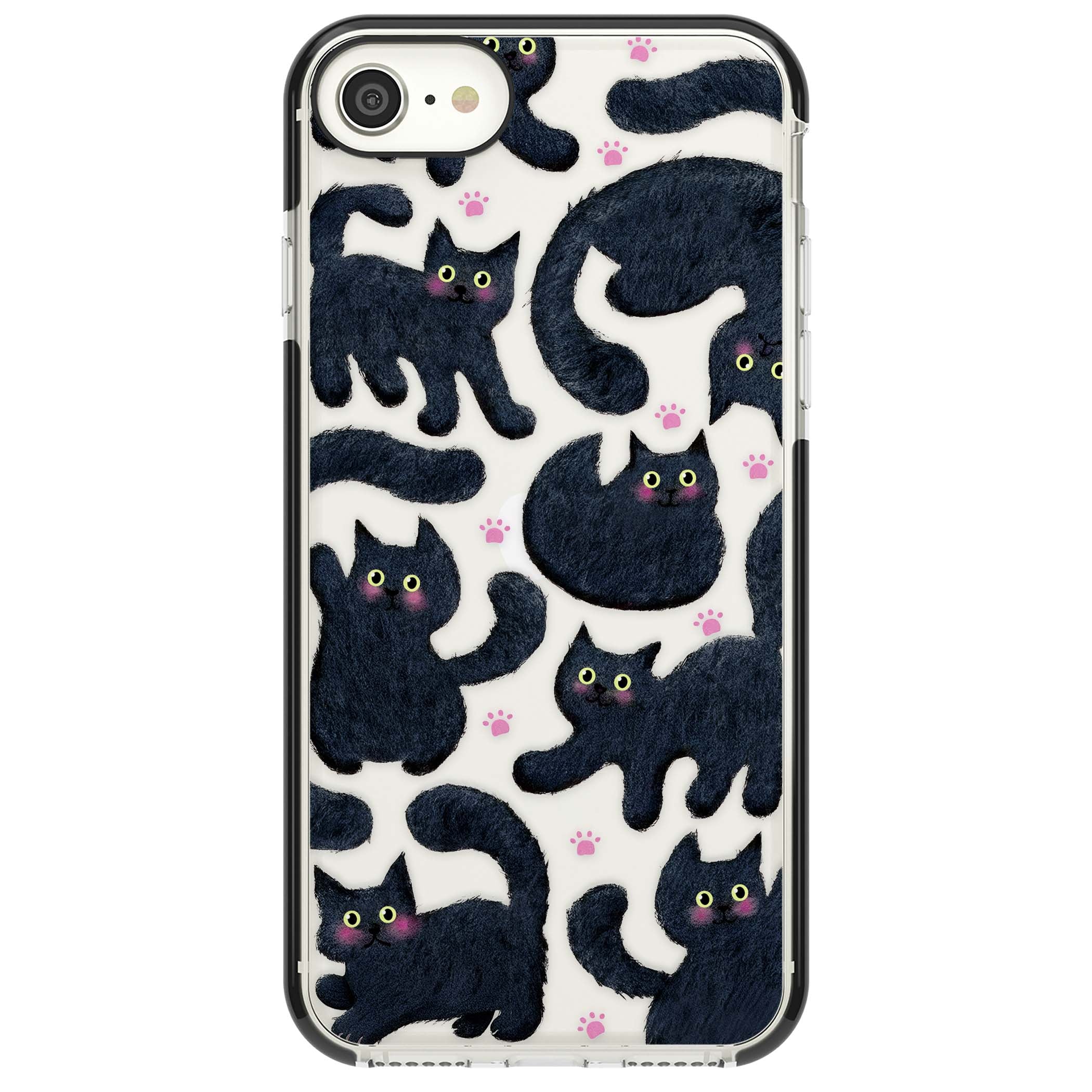 Midnight Cats cute iPhone case featuring black cat pattern with yellow eyes and pink paw prints | Black Impact case for iPhone SE