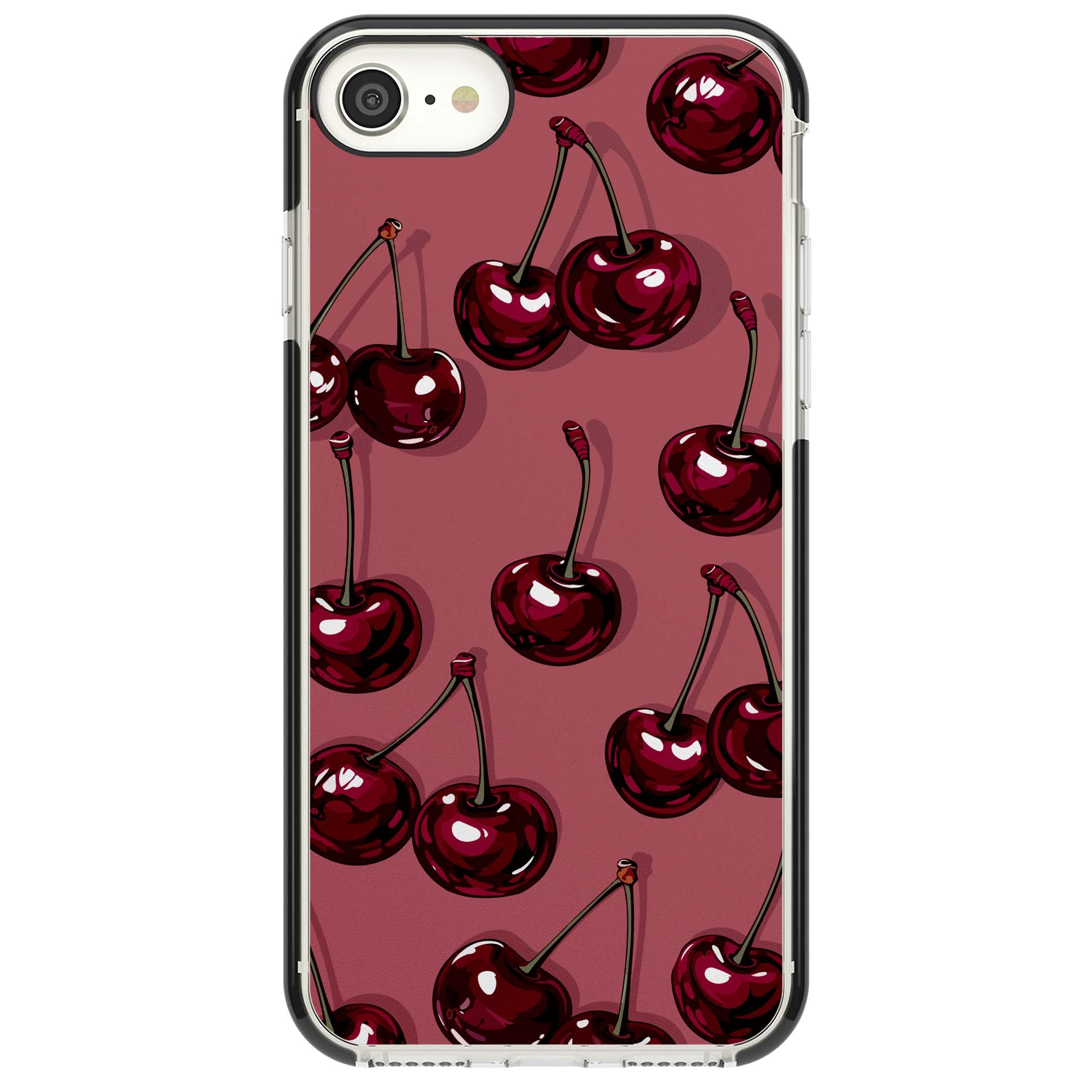 Cherry Rebel coquette iPhone case featuring glossy burgundy cherries on a dusty rose background | Black Impact case for iPhone SE