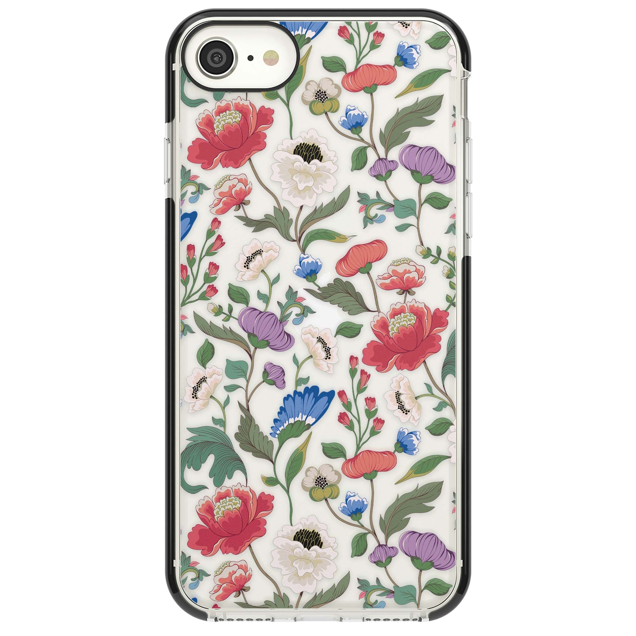 Chinoiserie Bloom vintage floral iPhone case featuring hand-painted peonies, poppies and trailing wildflowers on clear... | Black Impact case for iPhone SE