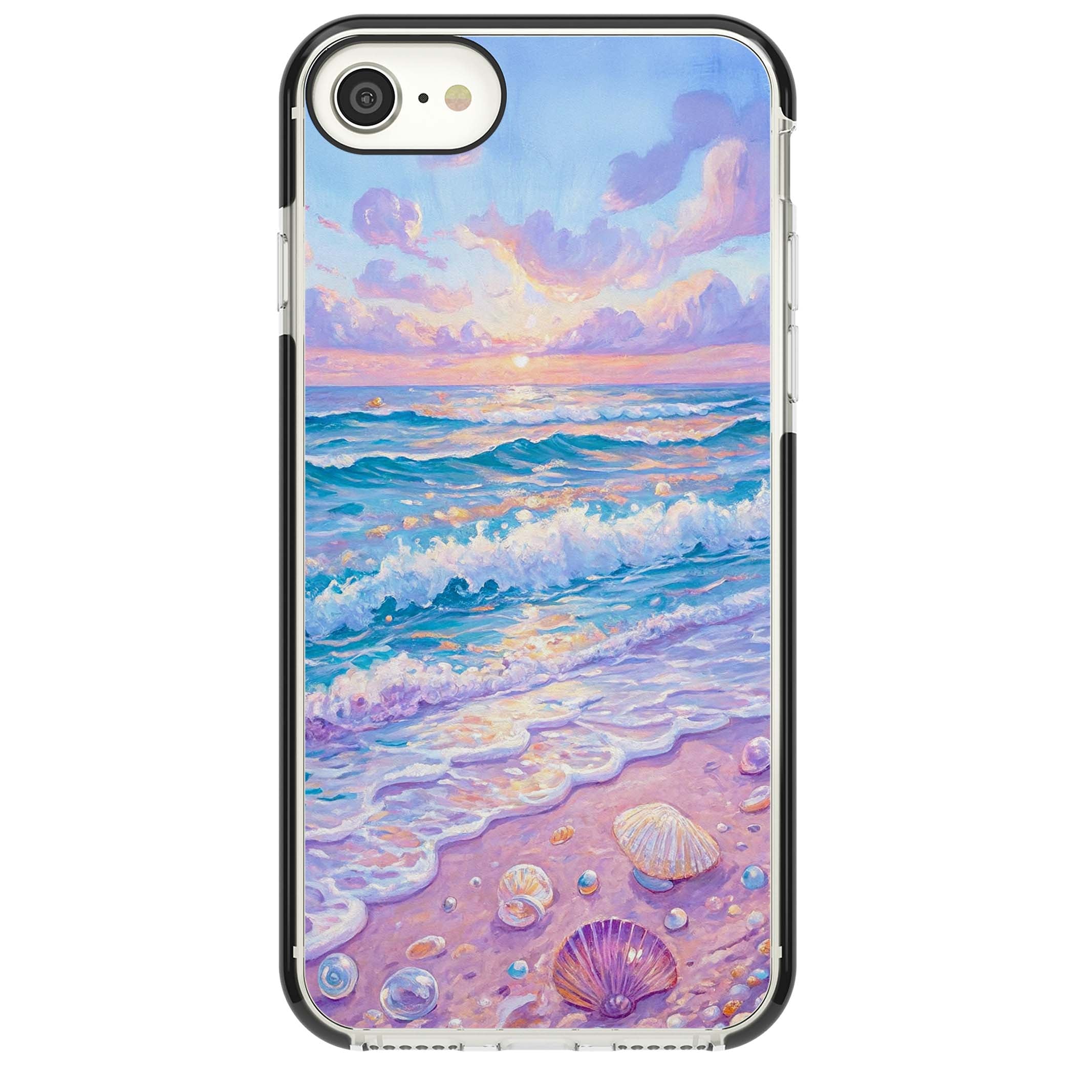 Pearl Shore coastal iPhone case featuring pastel painted waves, seashells, and a sunrise sky over a lavender beach. | Black Impact case for iPhone SE