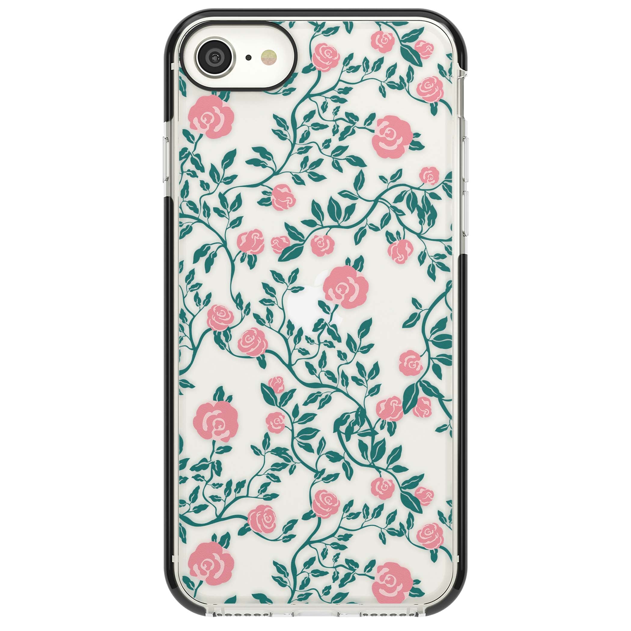 Rose Trellis (Clear) cottagecore iPhone case featuring pink climbing roses and green leaves on clear background | Black Impact case for iPhone SE