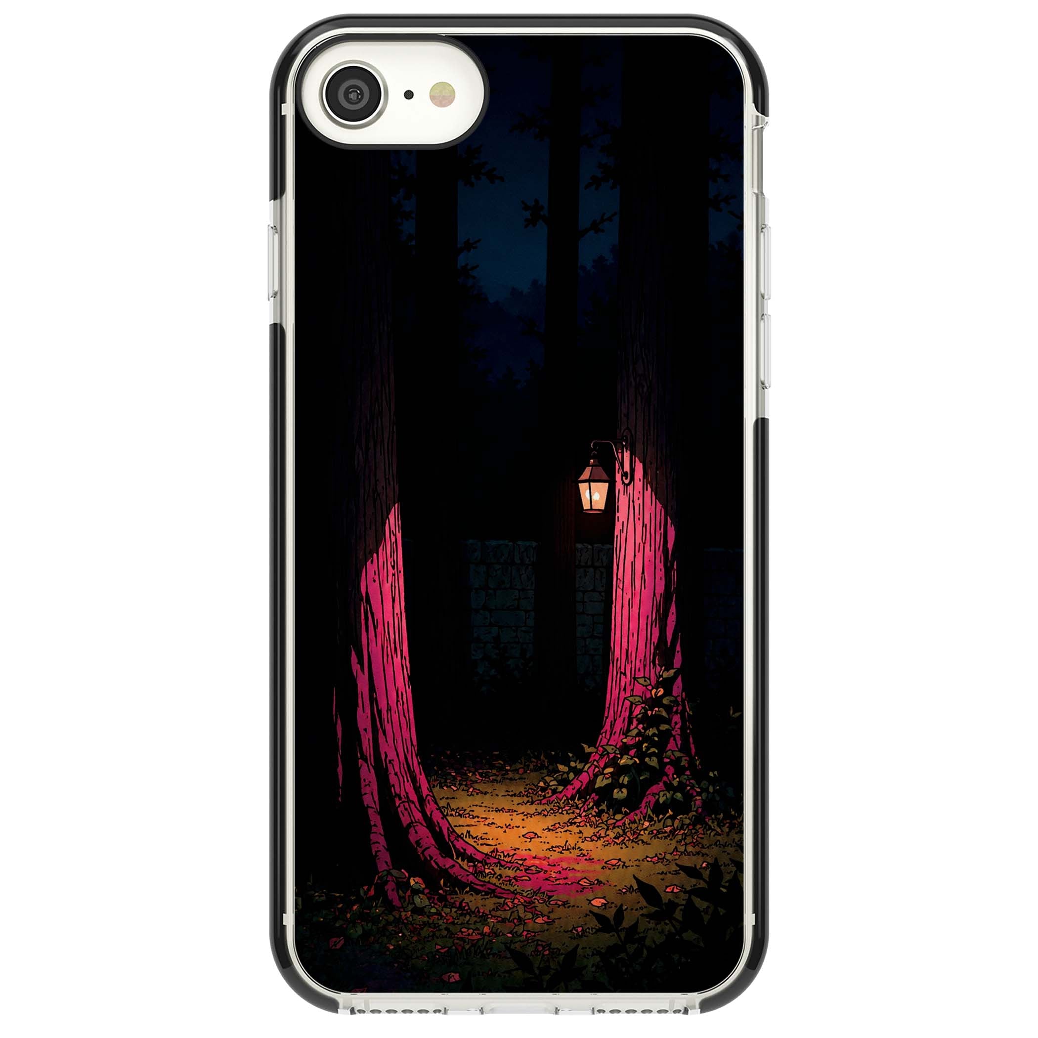 Forest Lantern dark academia iPhone case featuring a moonlit forest, glowing lantern, and stone wall pathway | Black Impact case for iPhone SE