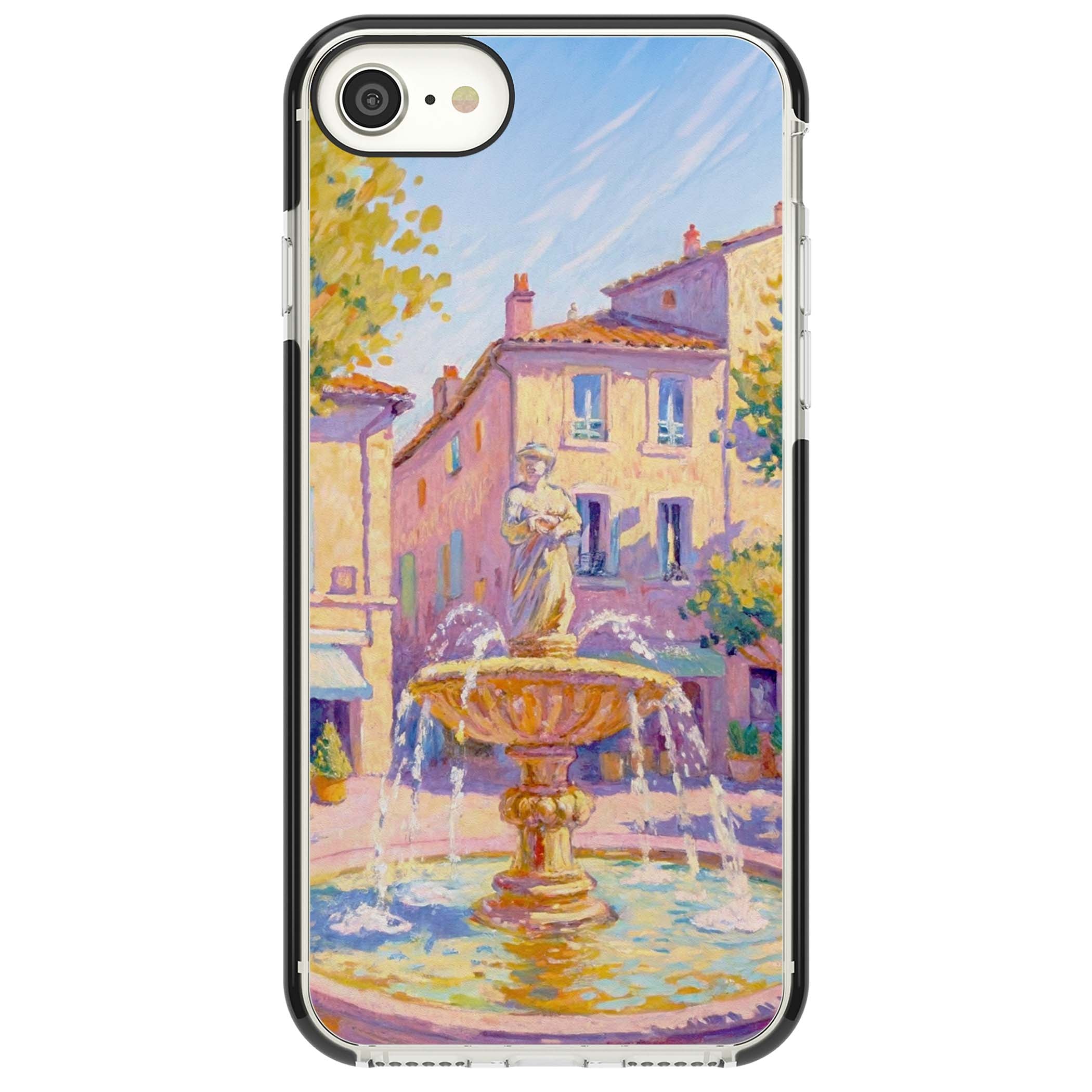 Fountain Square fine art iPhone case featuring an impressionist Provençal fountain, pastel village buildings and summe | Black Impact case for iPhone SE